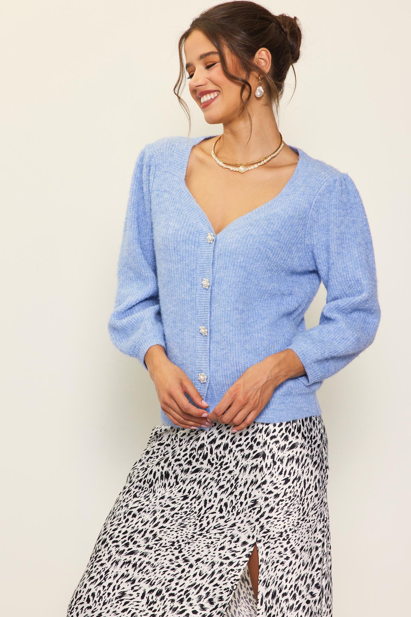 Jewelry Button Puff Sleeve Cardigan