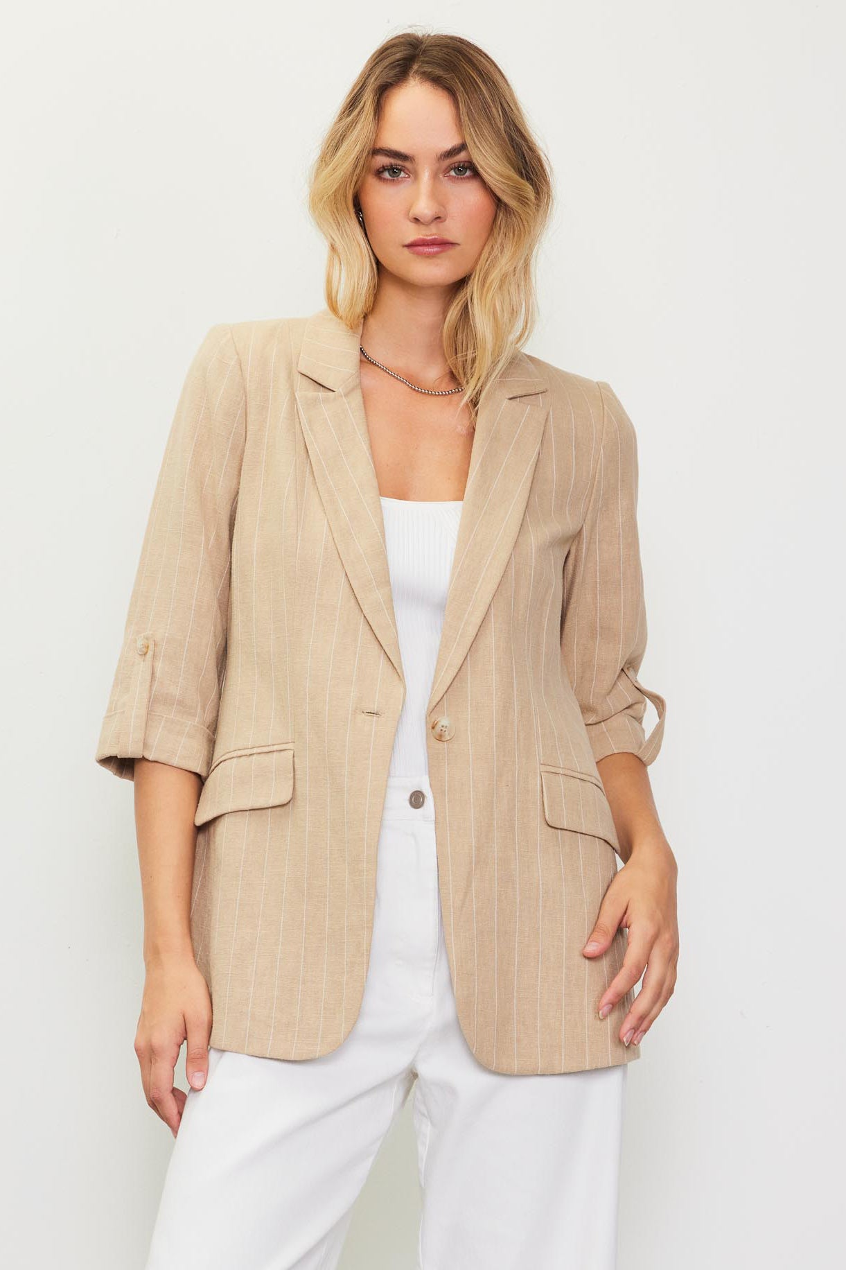 Linen Pinstripe Cuffed Blazer