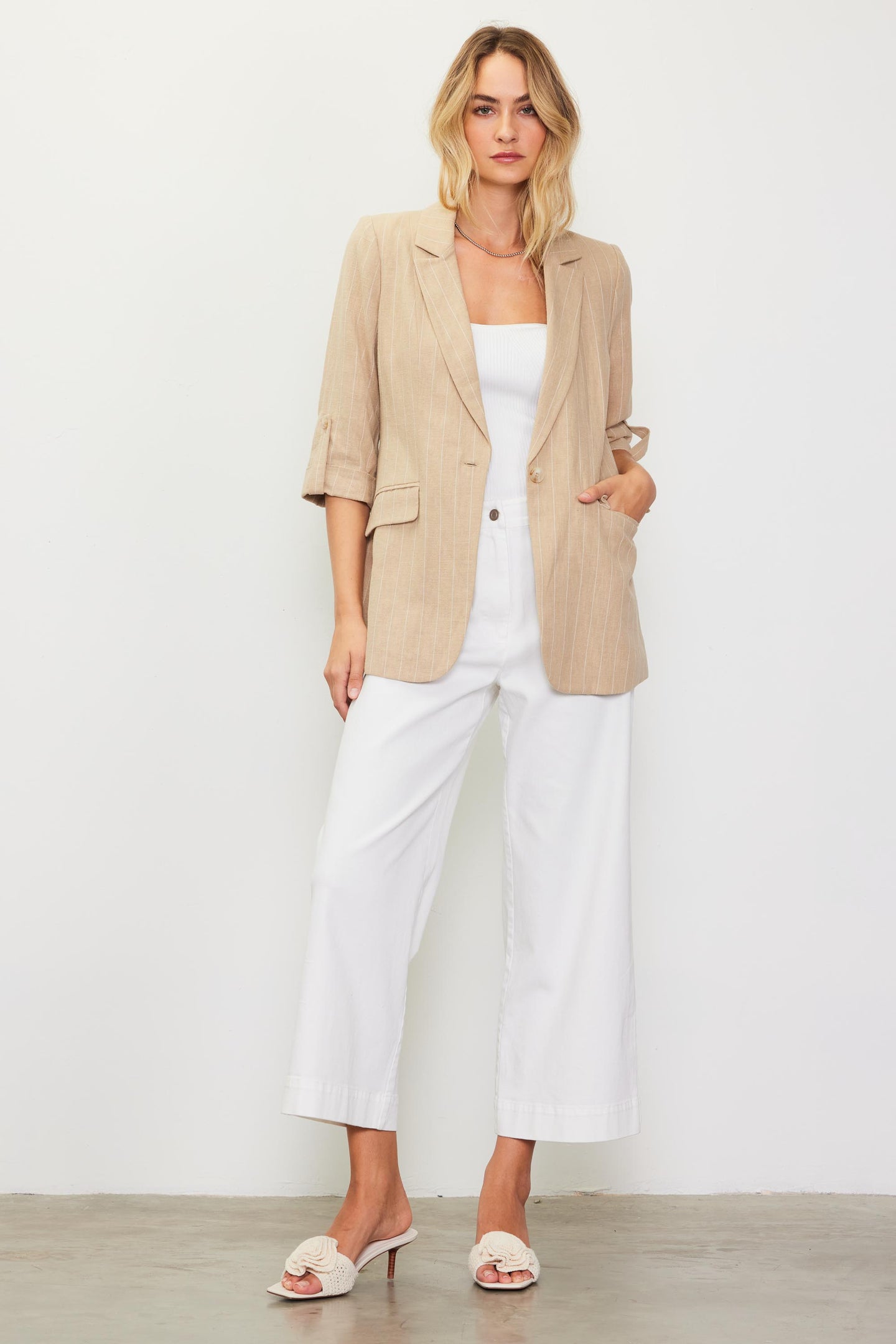 Linen Pinstripe Cuffed Blazer