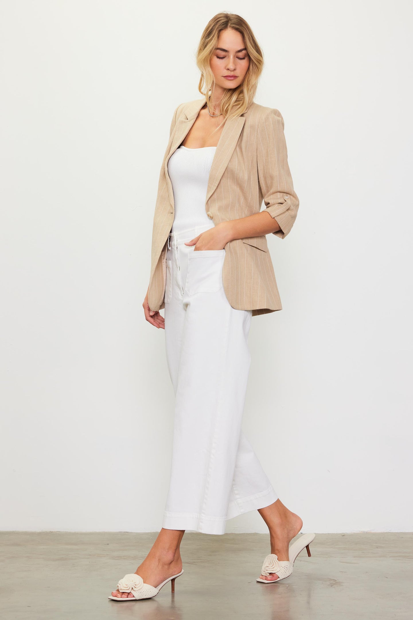 Linen Pinstripe Cuffed Blazer