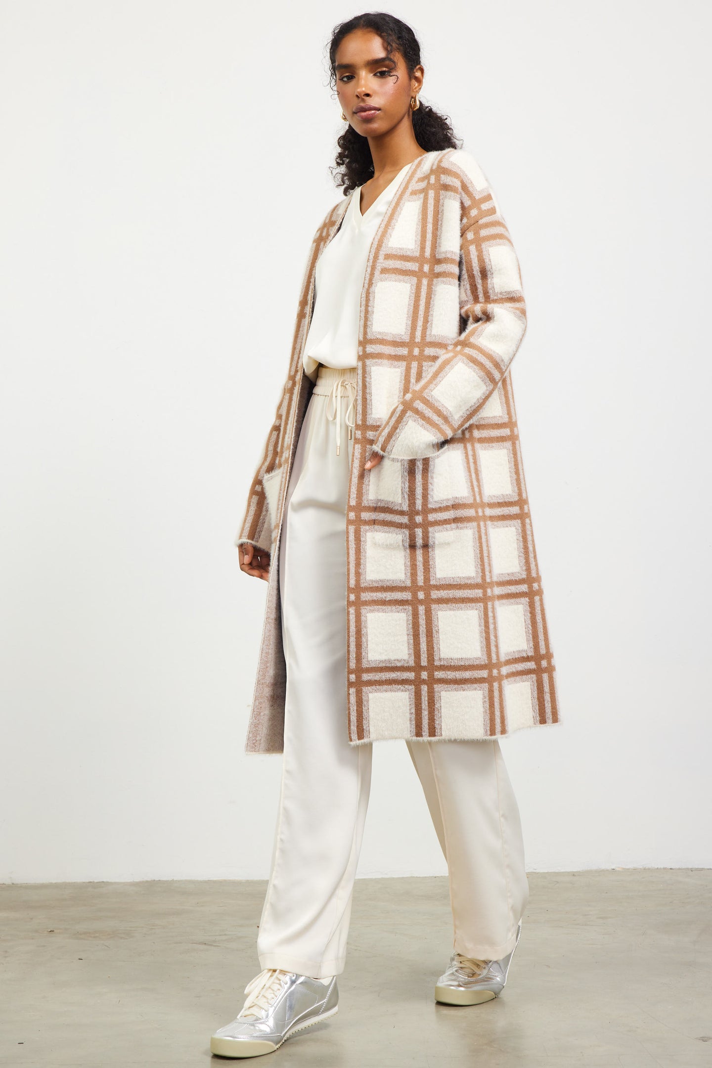 Windowpane Plaid Motif Duster