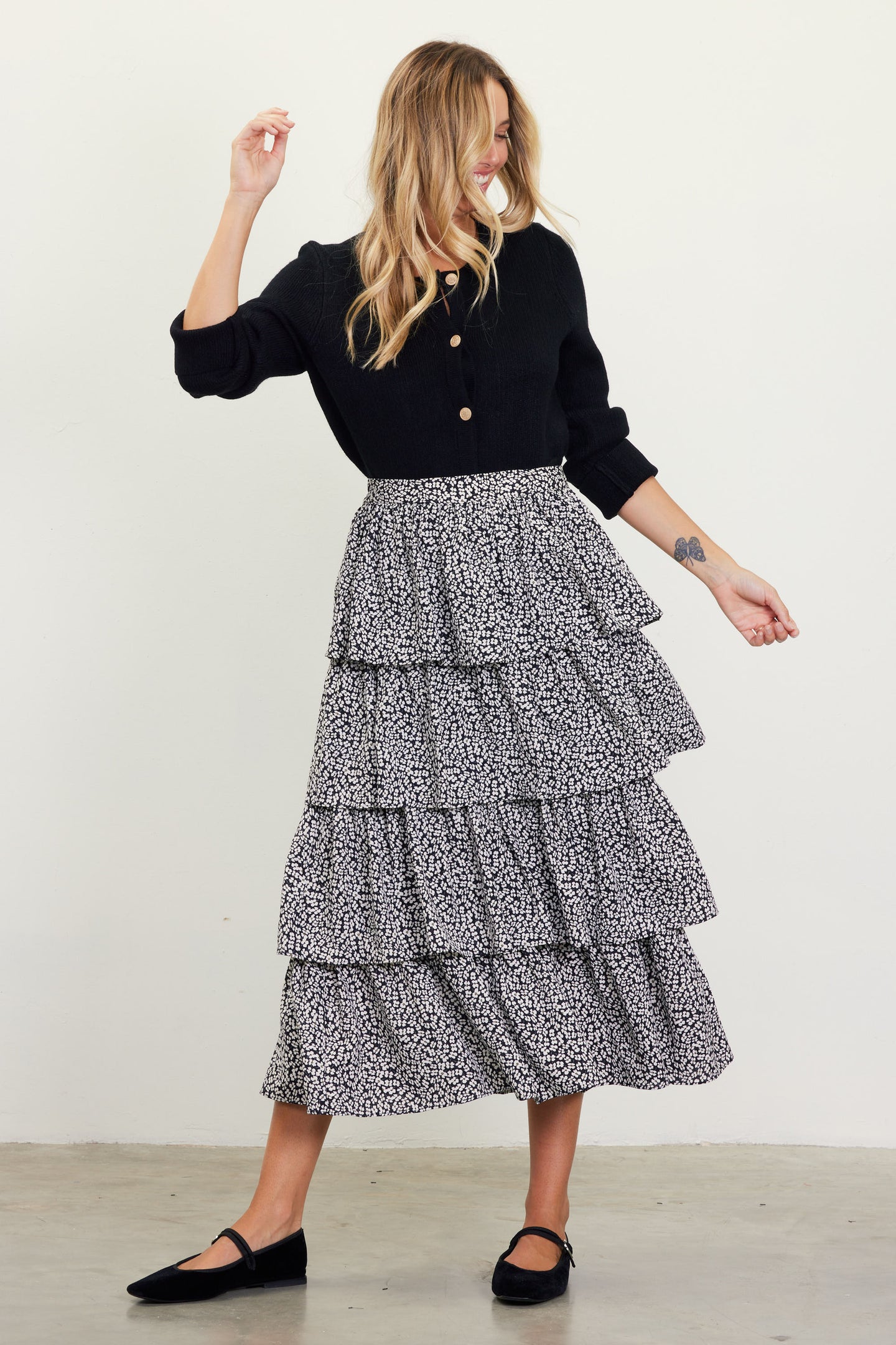 Dainty Floral Print Ruffle Midi Skirt