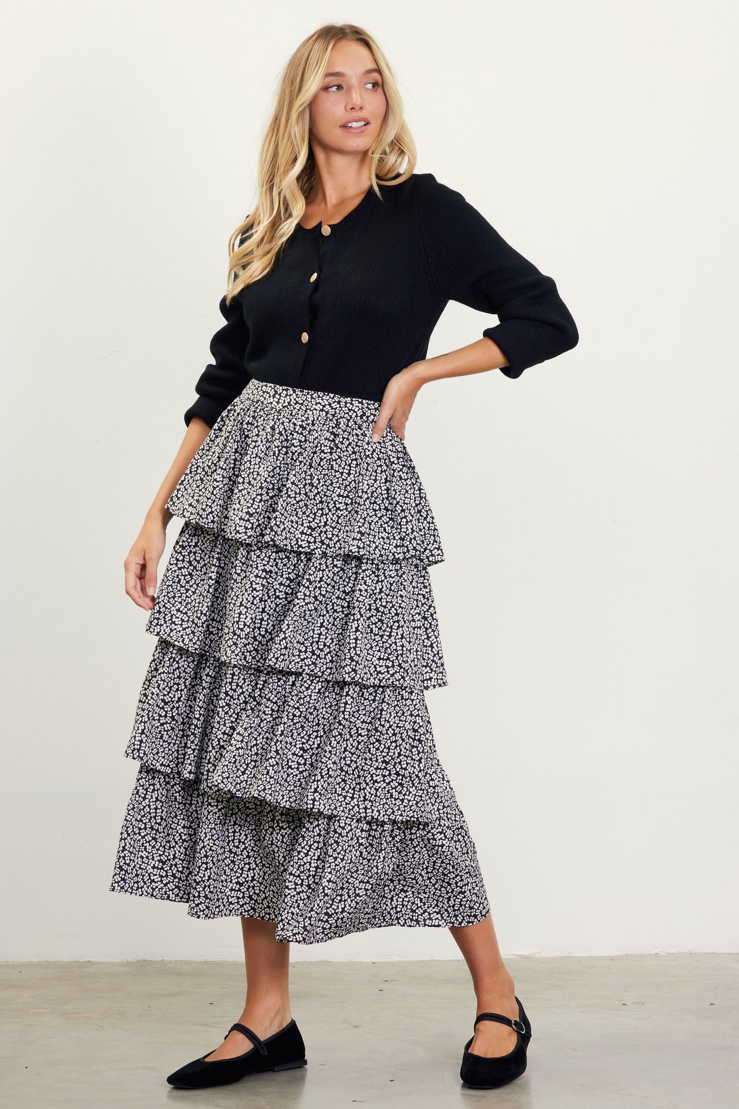 Dainty Floral Print Ruffle Midi Skirt