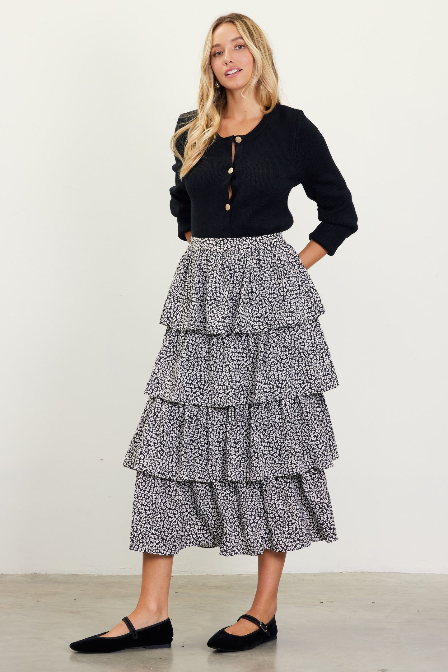 Dainty Floral Print Ruffle Midi Skirt