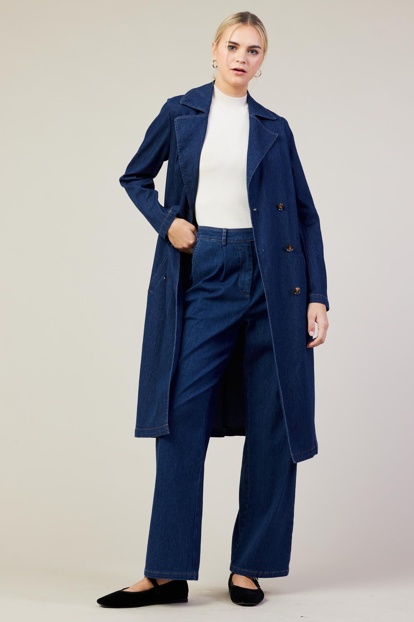 Washed Denim Trench Coat