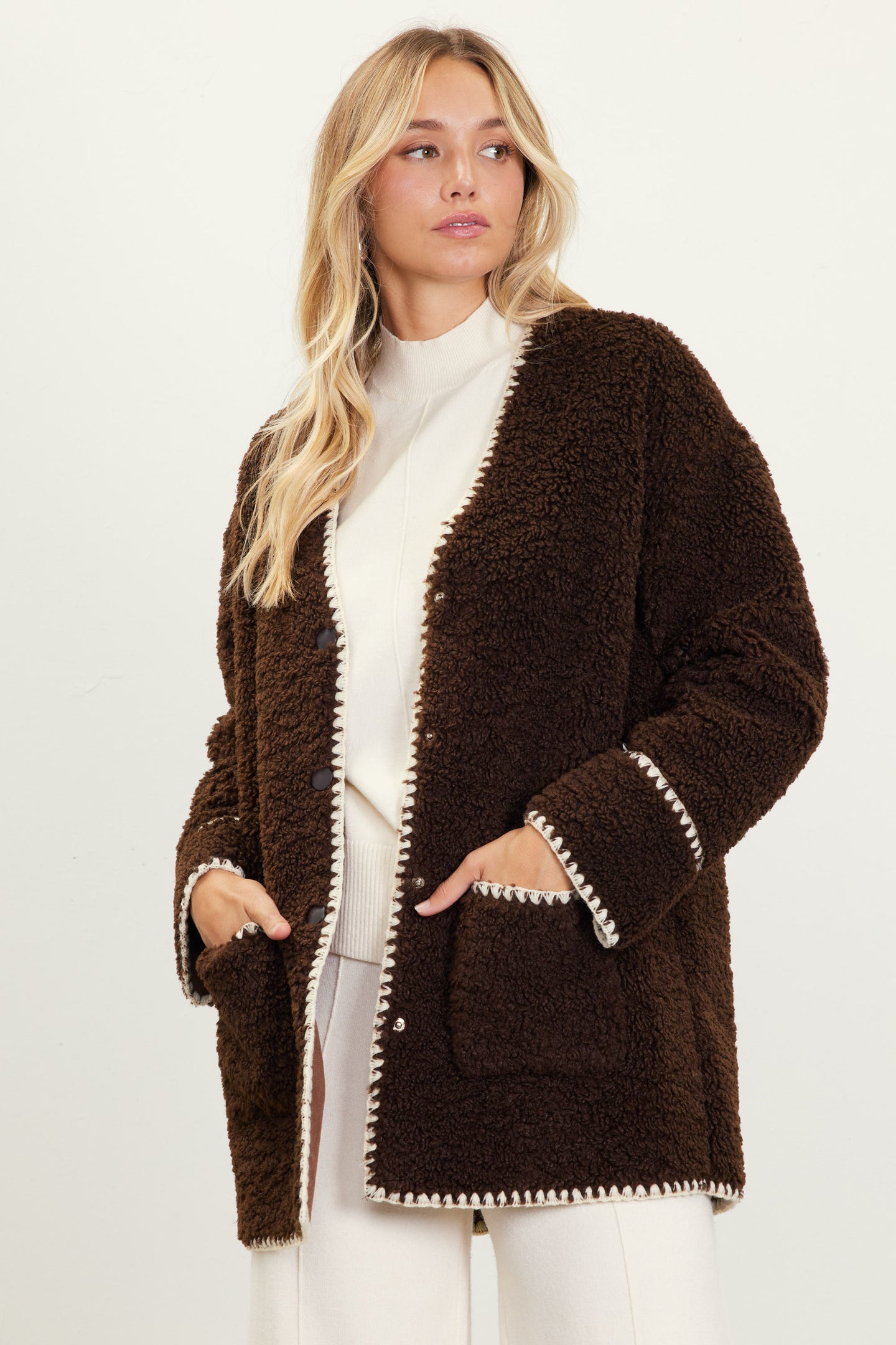 Noelle Contrast Stitch Detail Sherpa Coat