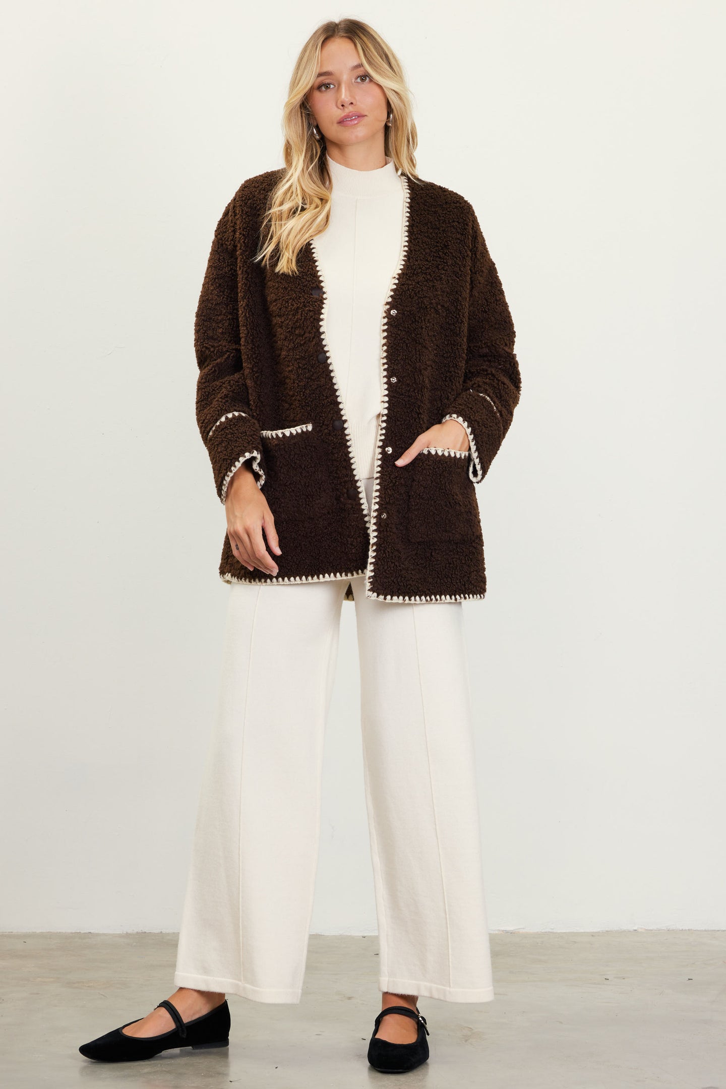 Noelle Contrast Stitch Detail Sherpa Coat