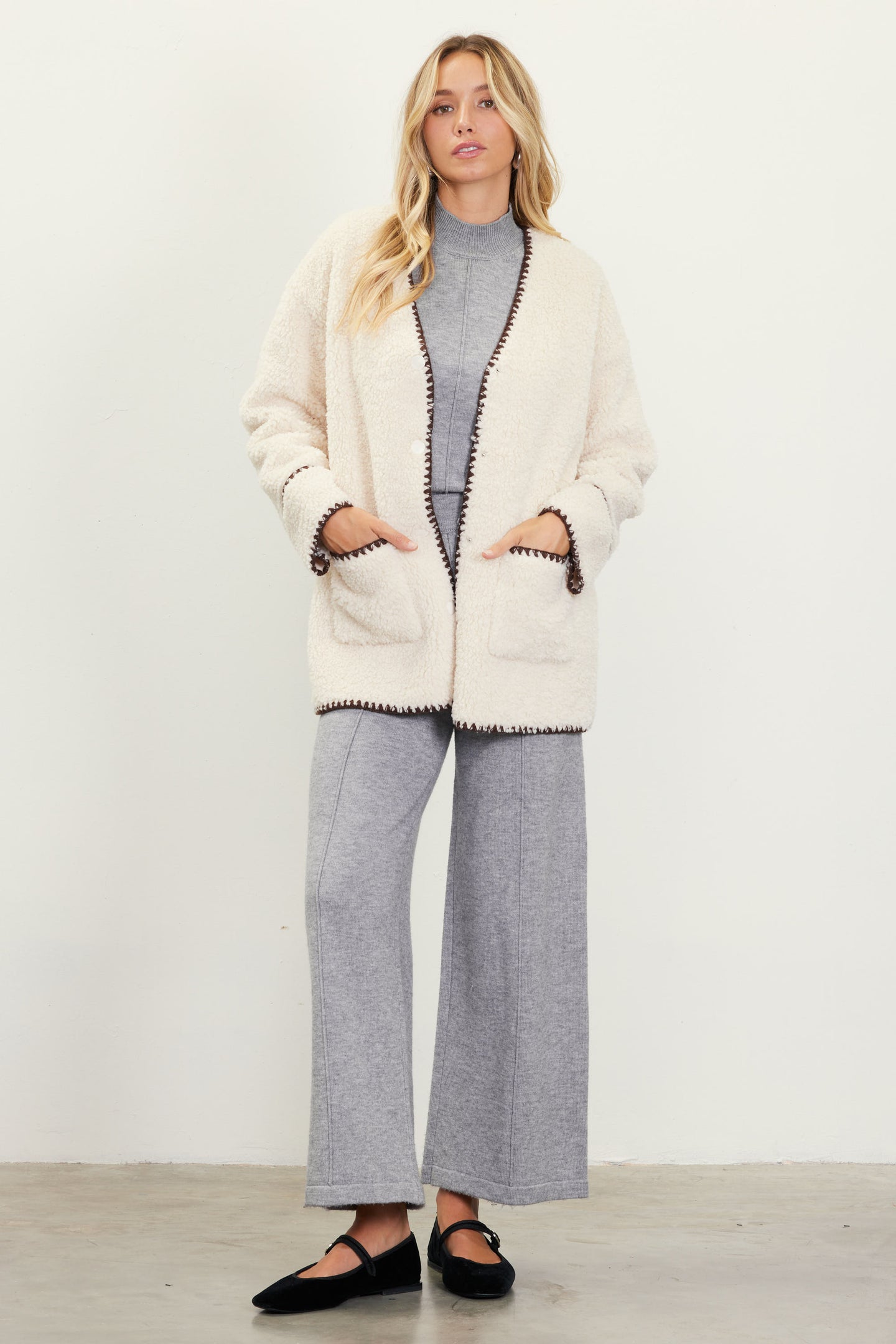 Noelle Contrast Stitch Detail Sherpa Coat