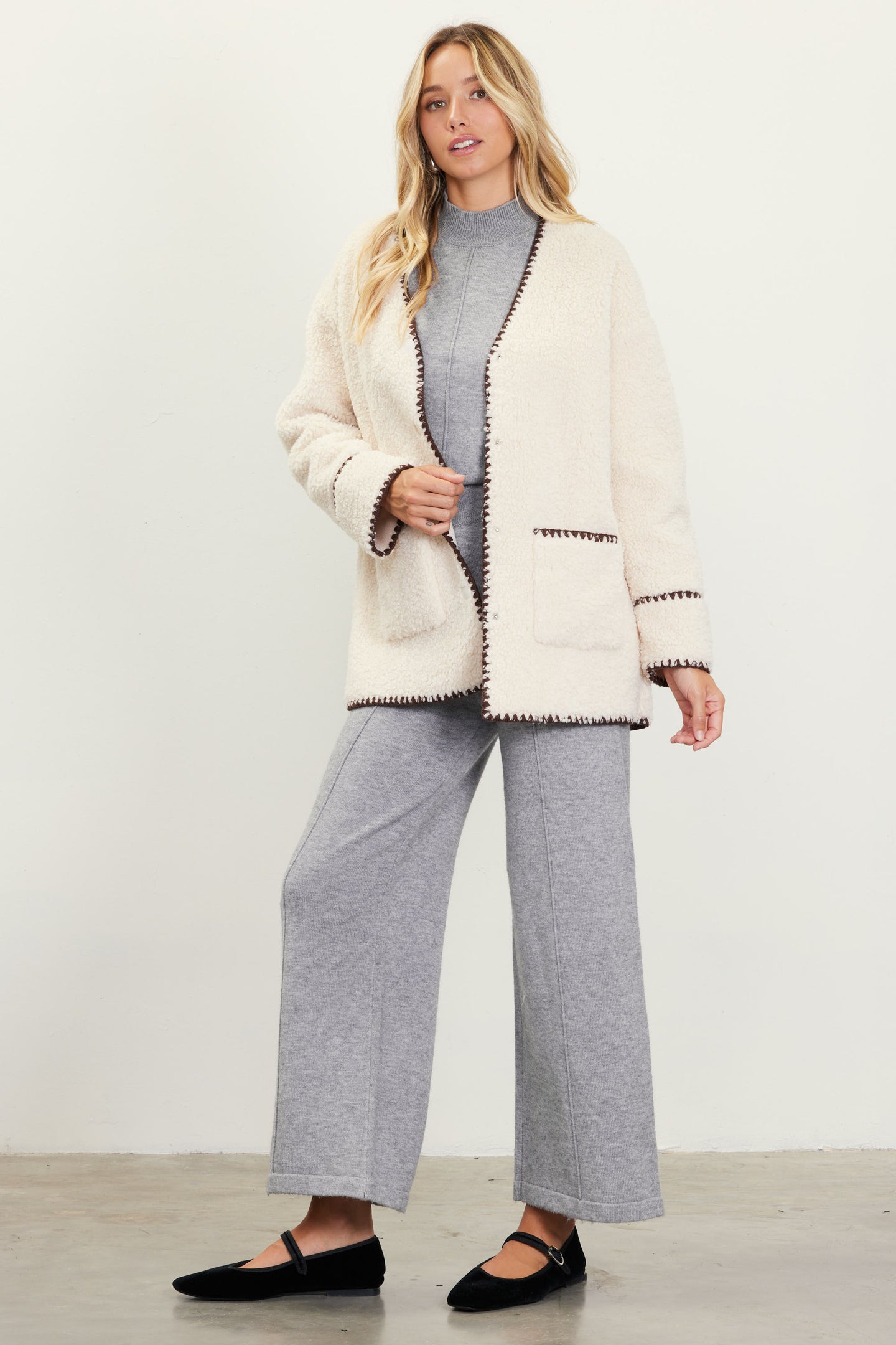 Noelle Contrast Stitch Detail Sherpa Coat