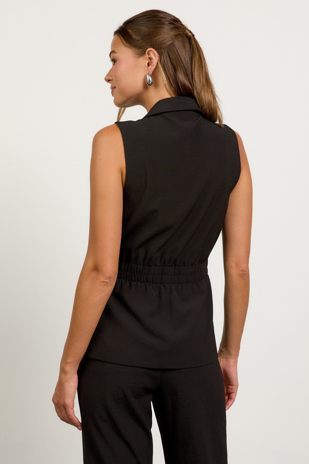 Elasticized Waistband Button-Up Vest