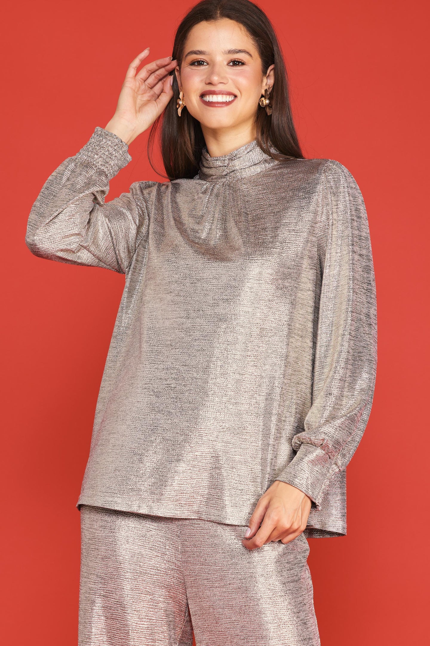 Metallic Foil Print Mock Neck Top