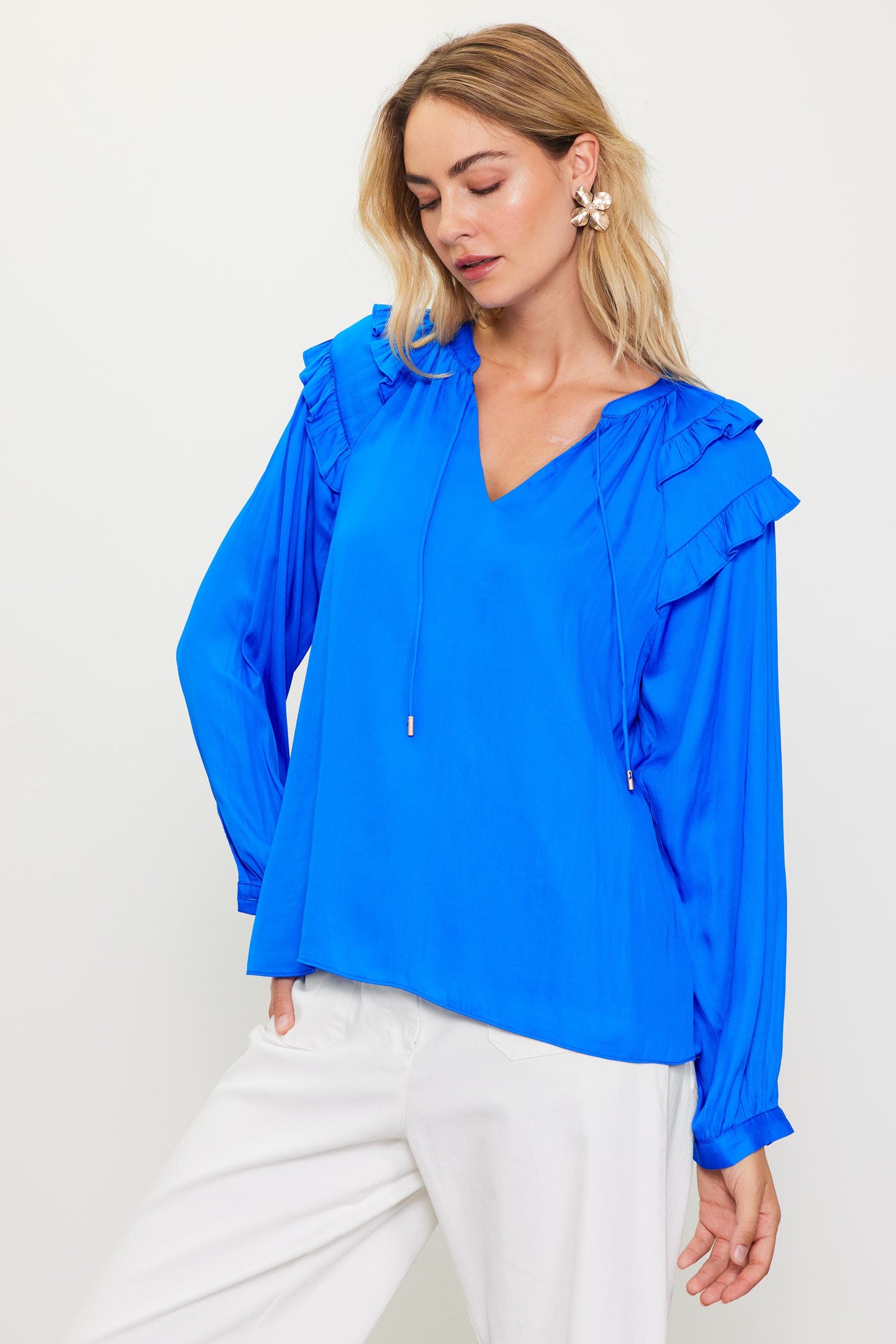 Adele Ruffled Split Neck Top