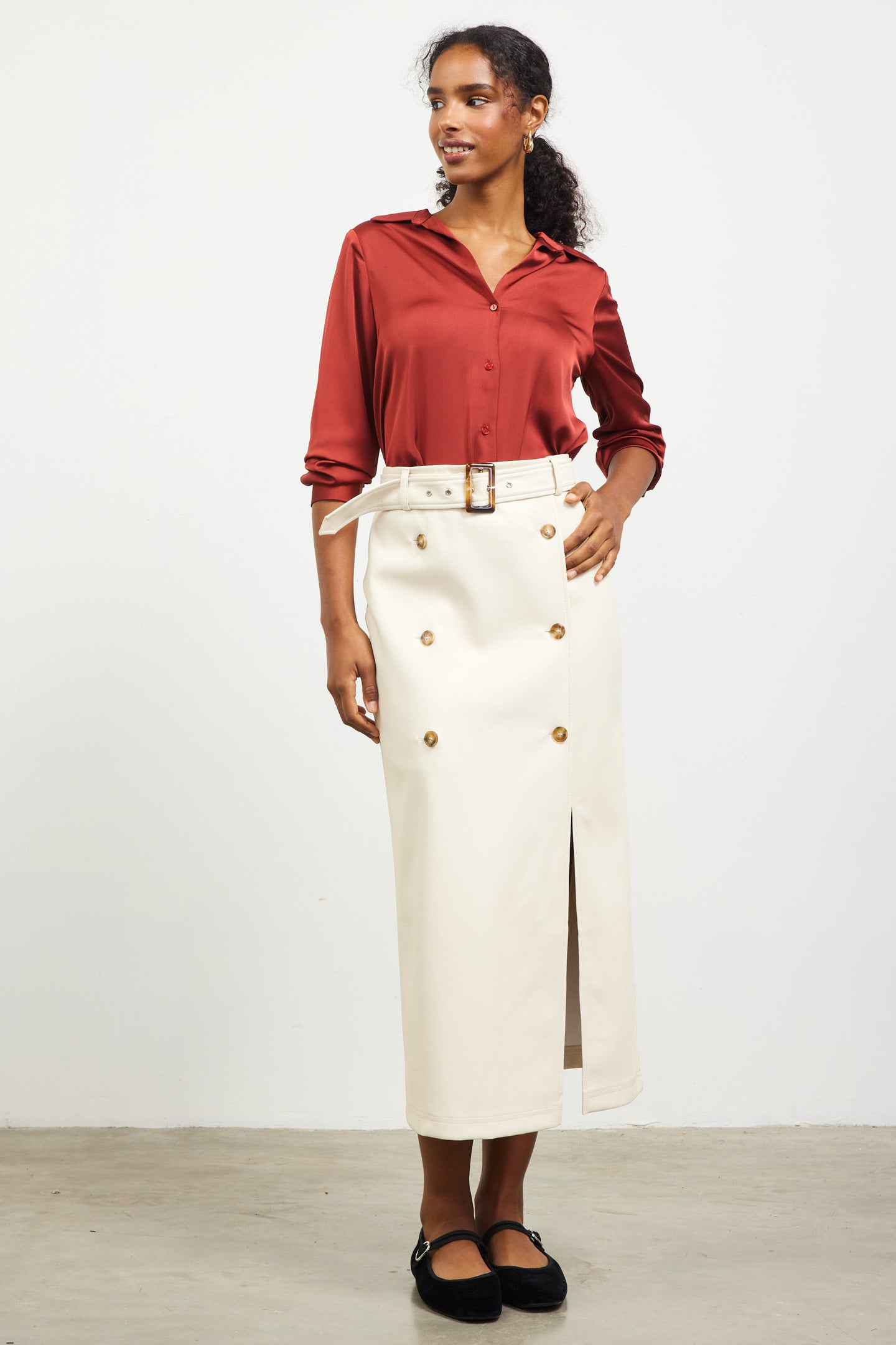 Faux Leather Belted Midi Skirt