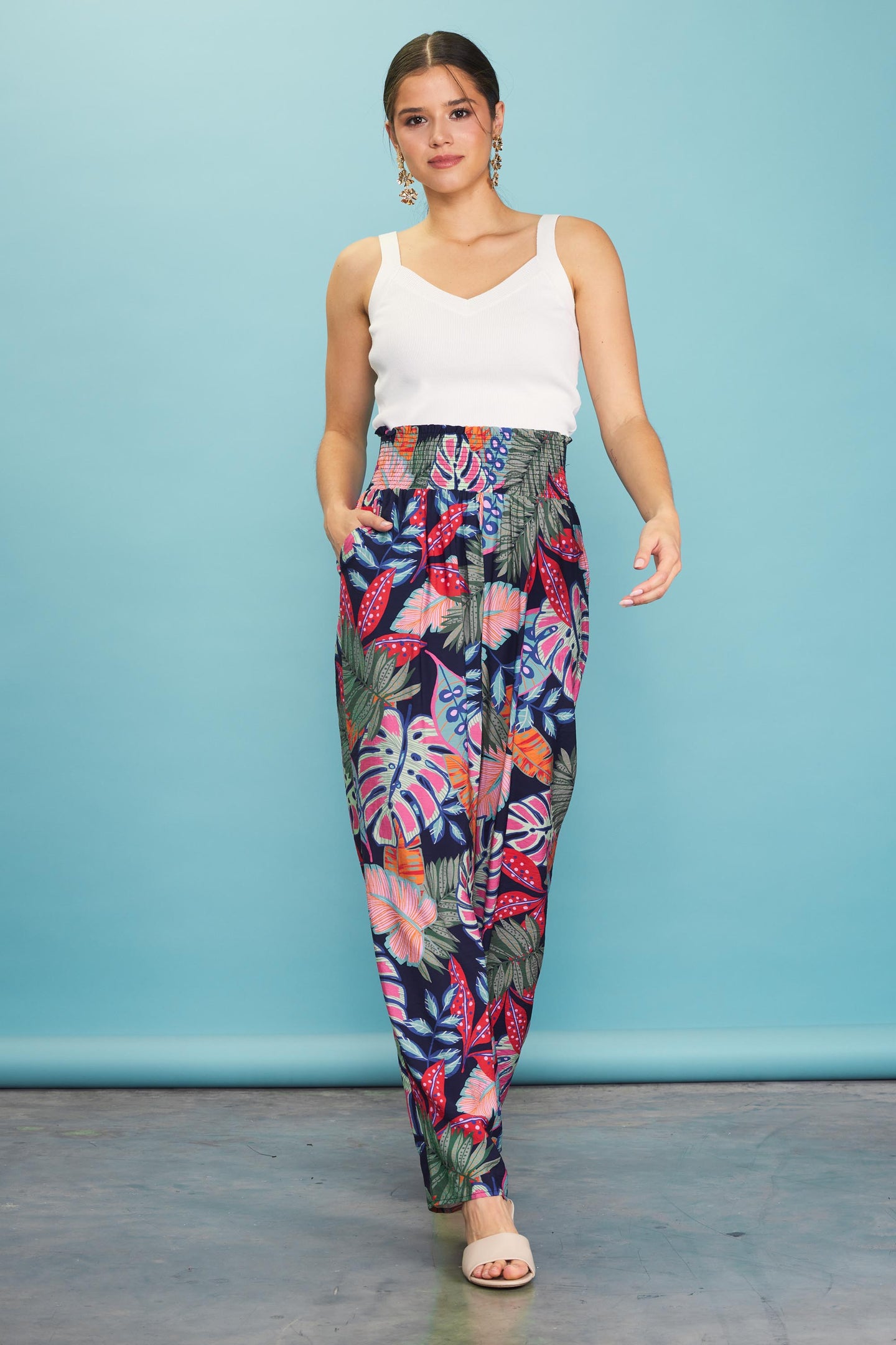 Ula Tropical Print Smocked Waist Pants