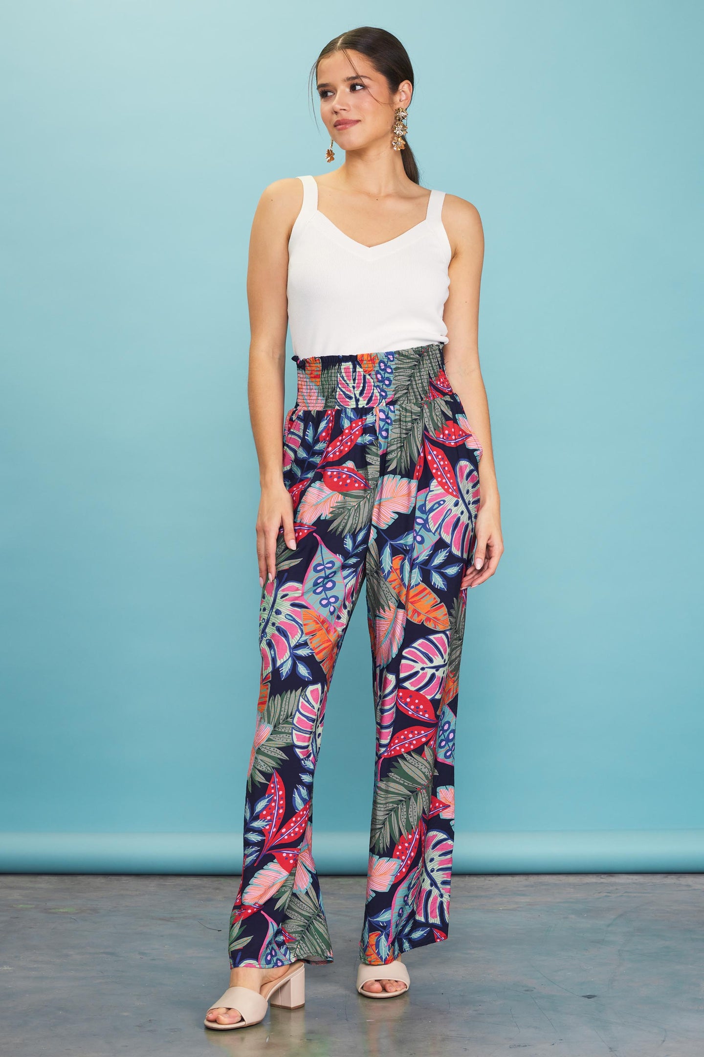 Ula Tropical Print Smocked Waist Pants