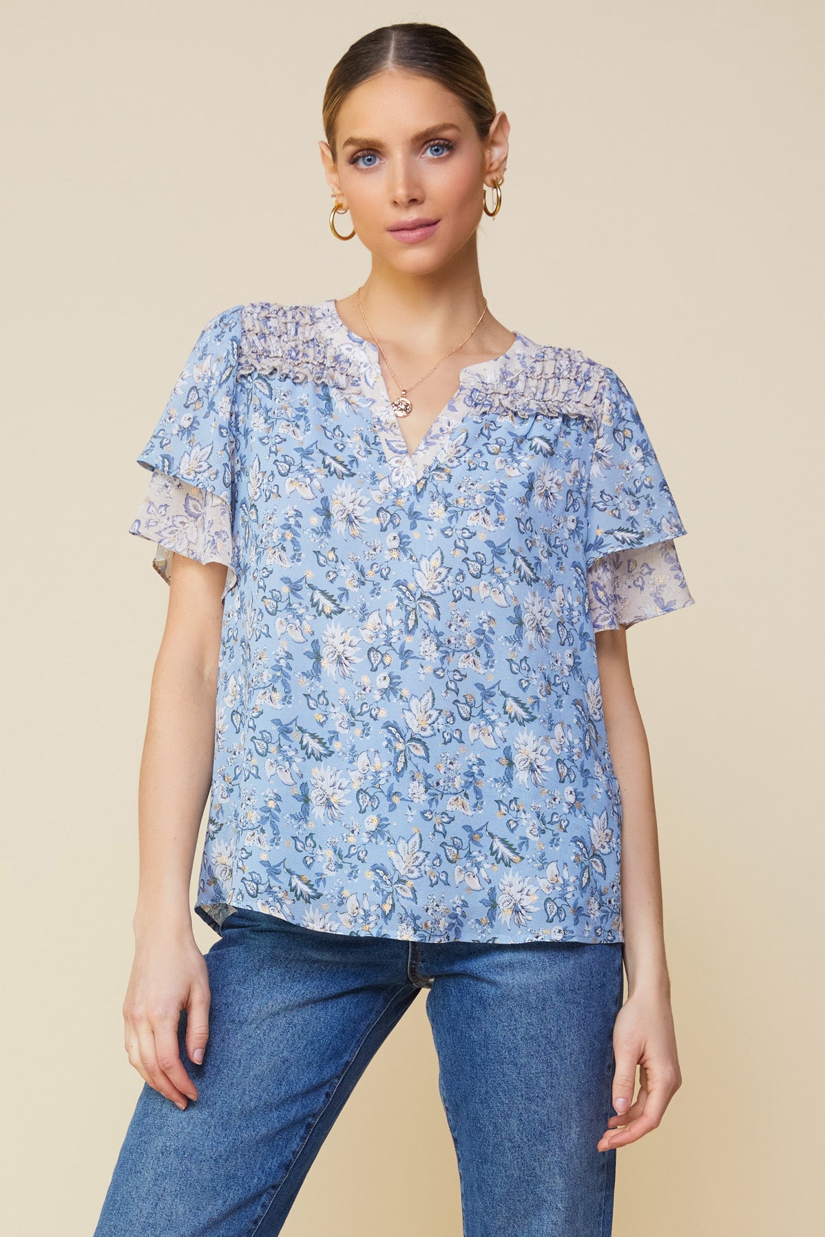 Aster Print Ruffled Detail Contrast Top