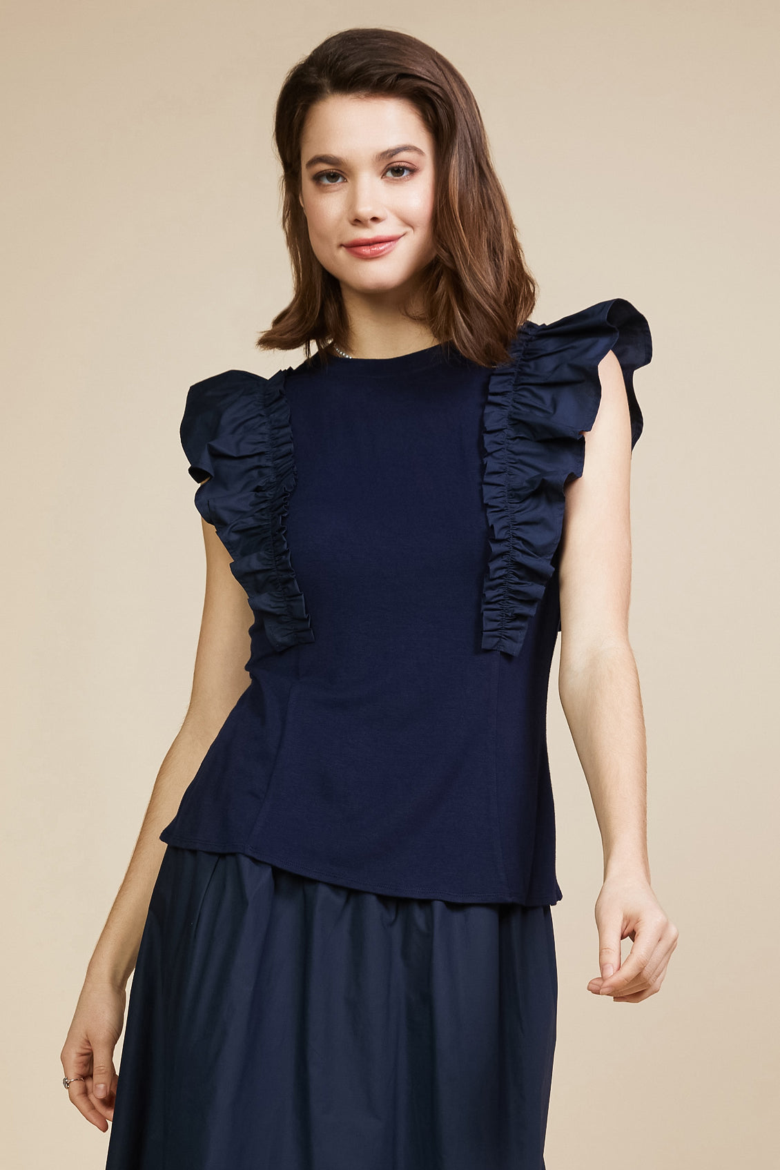 Mixed Media Ruffled Knit Top