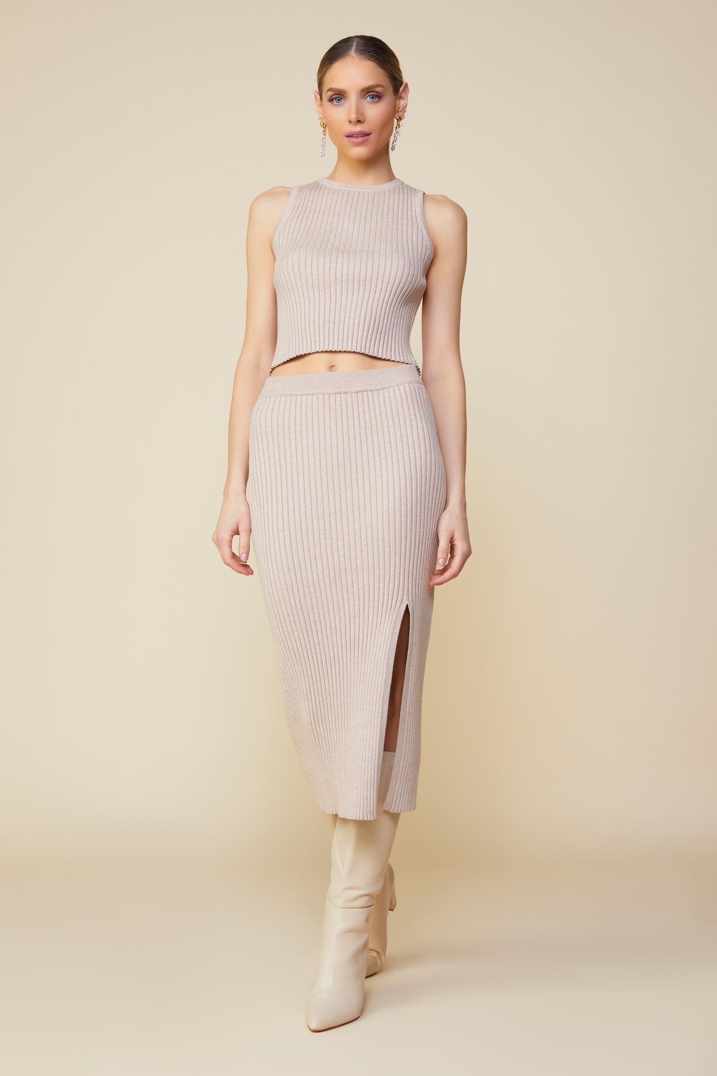 Ribbed Knit Side Slit Skirt