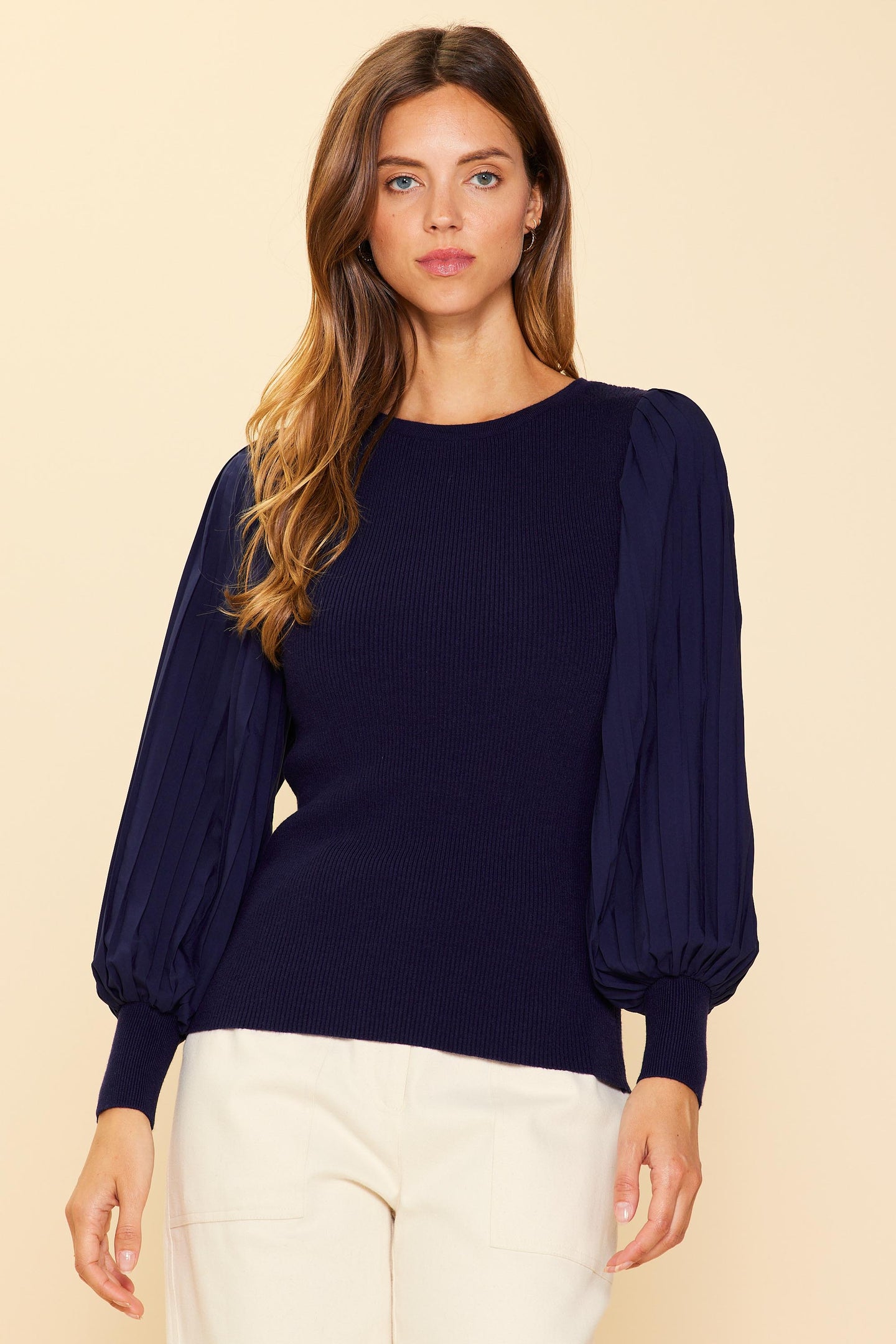 Mixed Media Pleated Sleeve Top