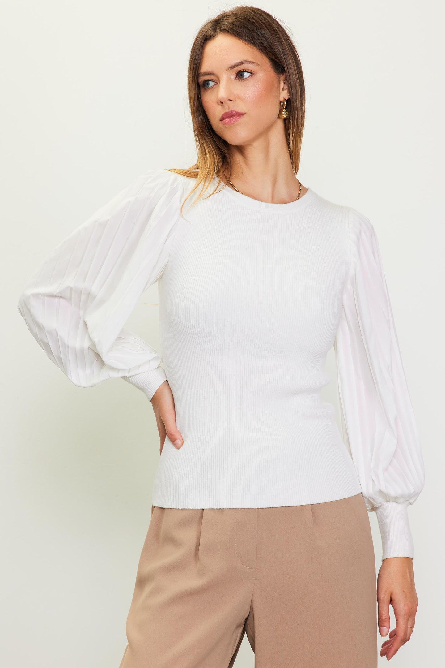 Mixed Media Pleated Sleeve Top