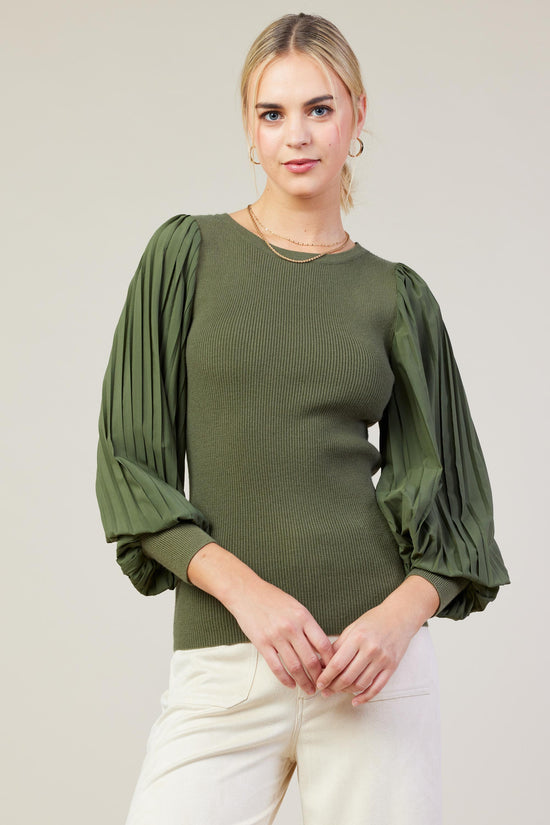 Mixed Media Pleated Sleeve Top