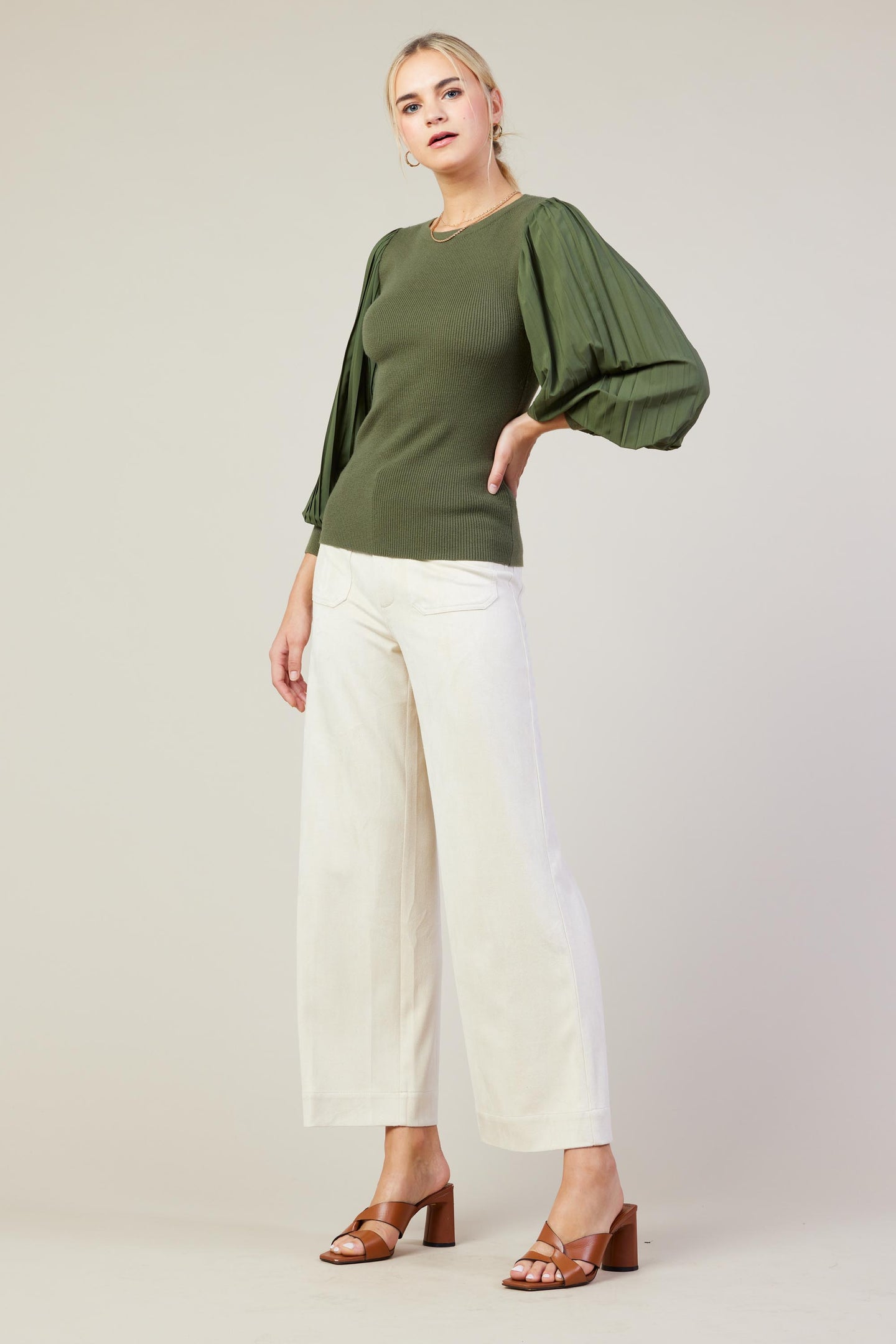 Mixed Media Pleated Sleeve Top