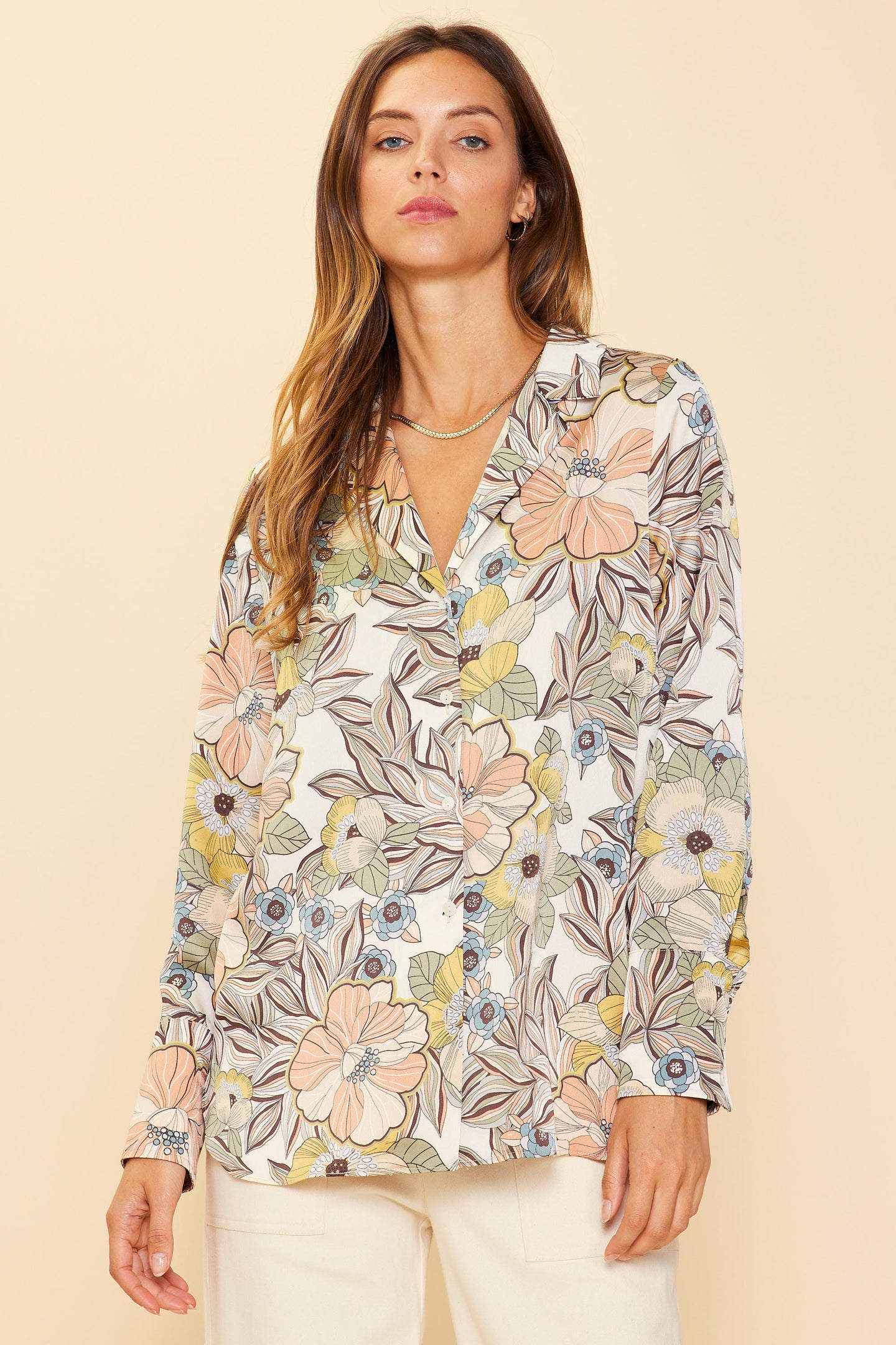 Abstract Daisy Print Longsleeve Blouse