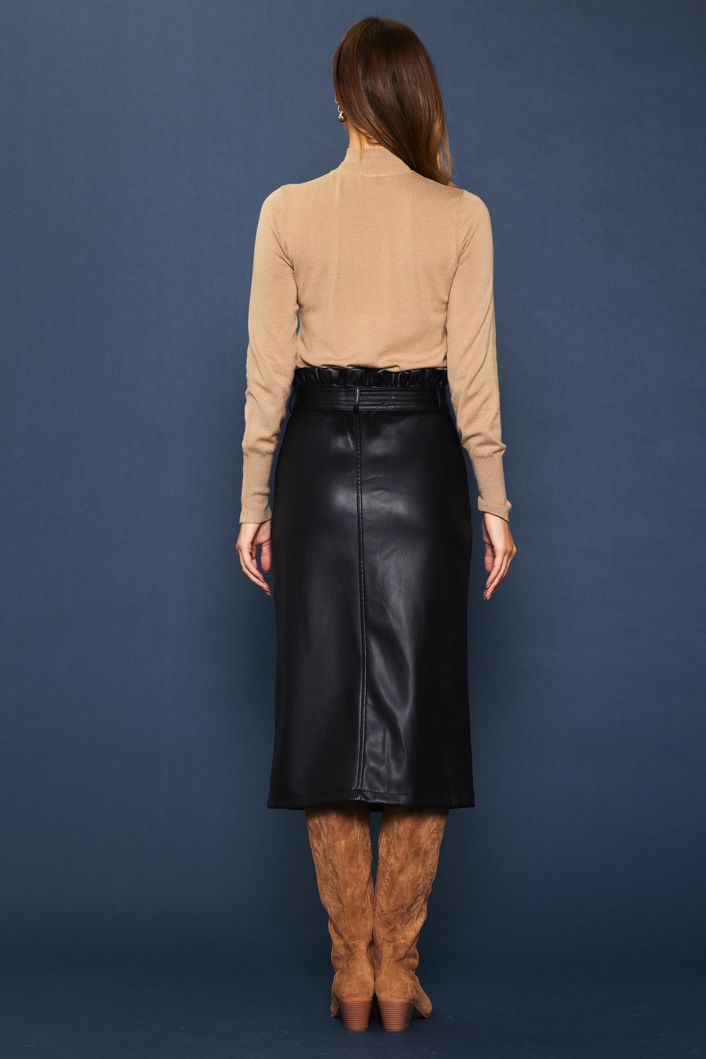 Vegan Leather Front Tie Midi Skirt