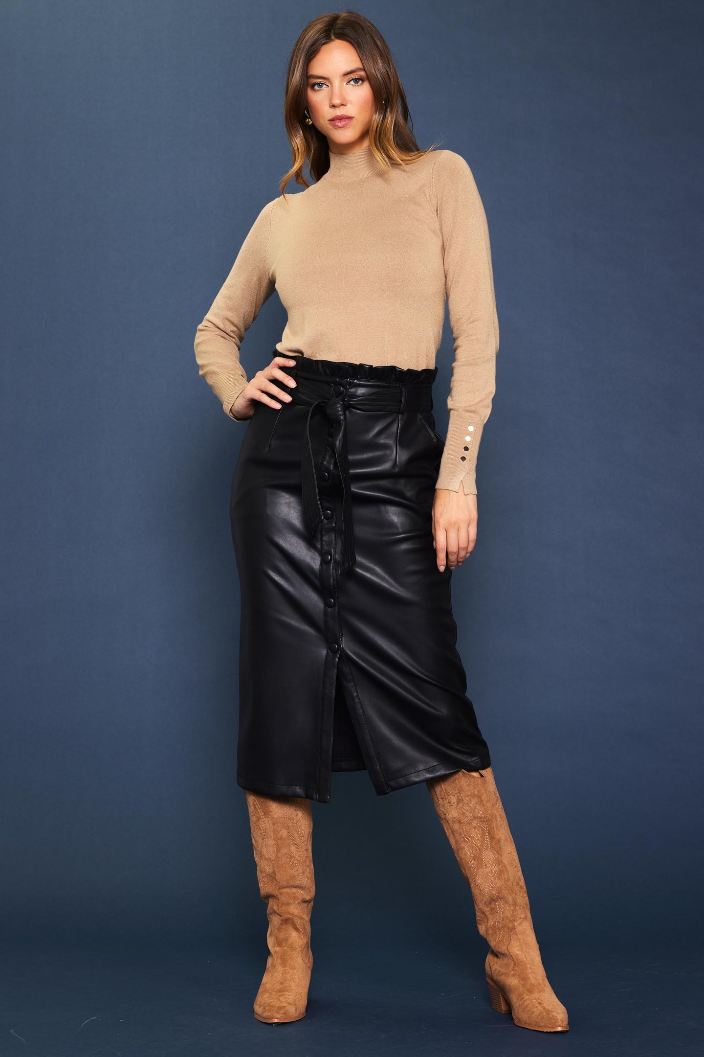 Vegan Leather Front Tie Midi Skirt