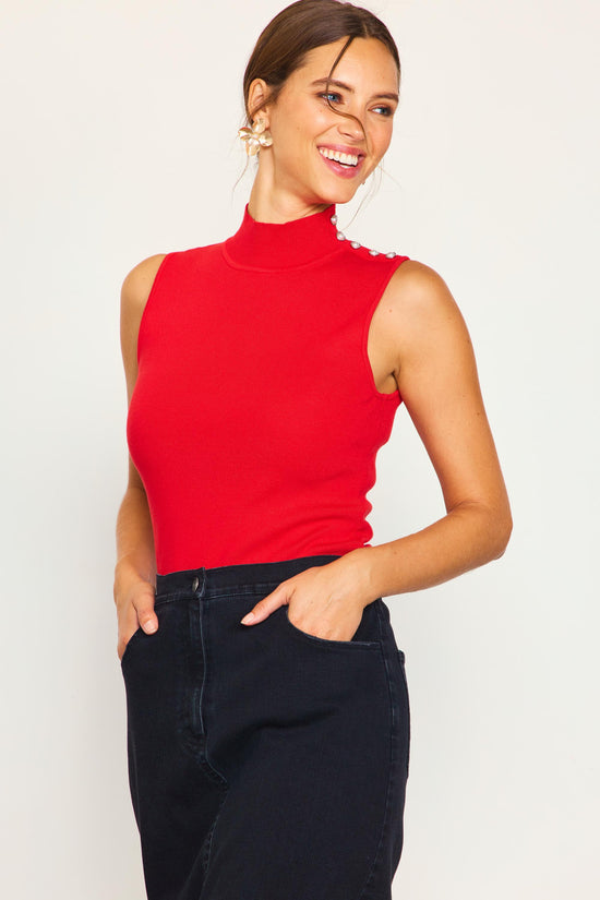 Sleeveless Mock Neck Jewel Detail Top