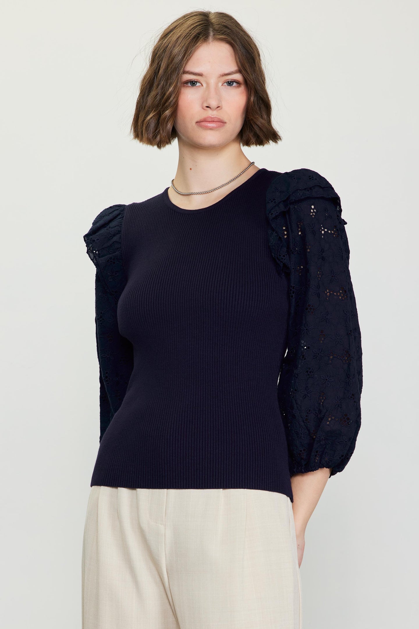 Eyelet Ruffle Sleeve Knit Top