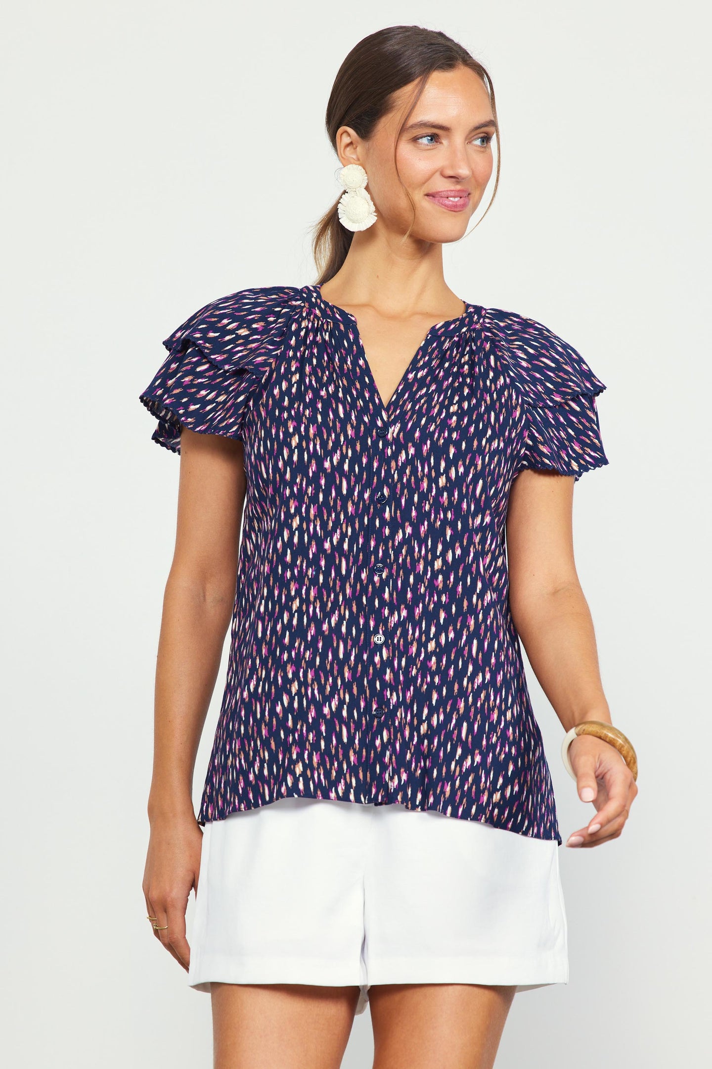 Allover Print Ruffle Sleeve Top