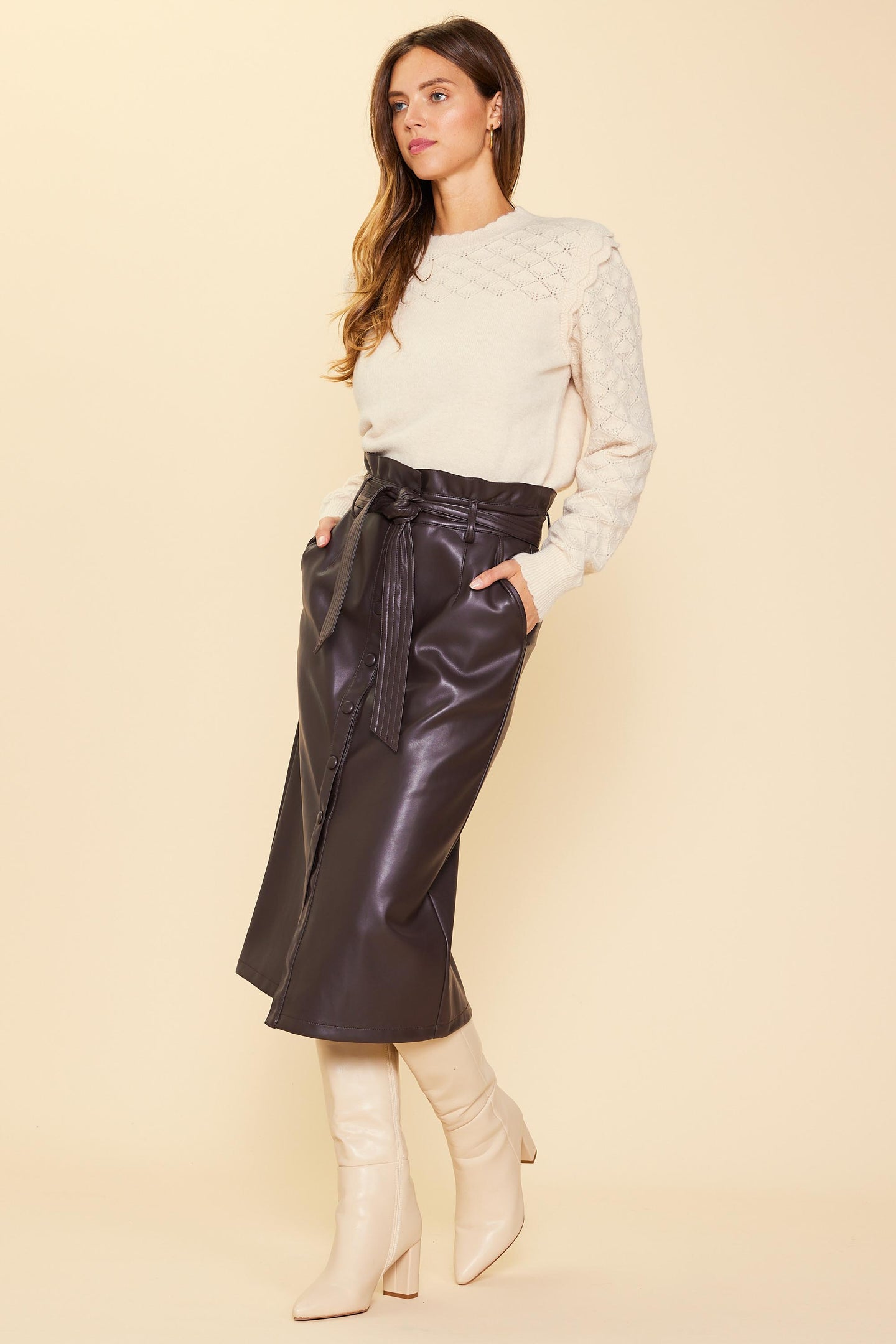 Vegan Leather Front Tie Midi Skirt