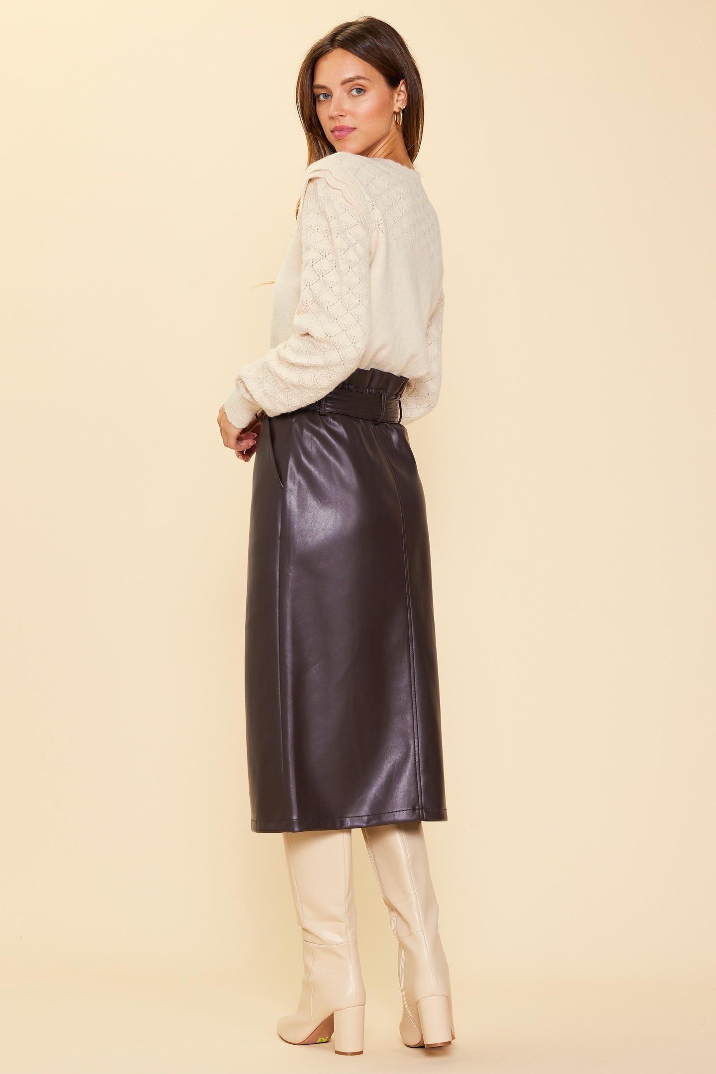 Vegan Leather Front Tie Midi Skirt