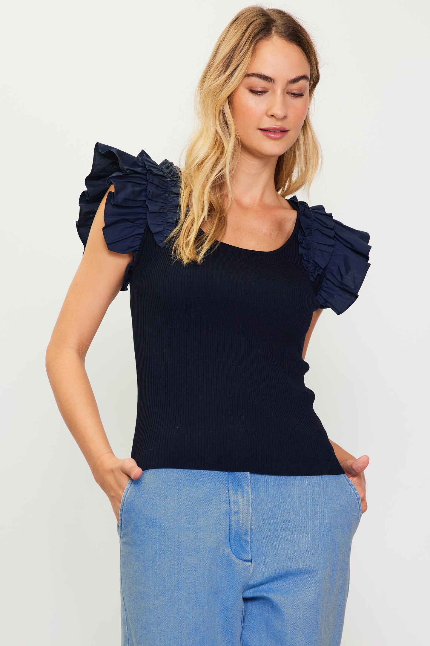 Shirred Ruffle Sleeve Ribbed Sweater