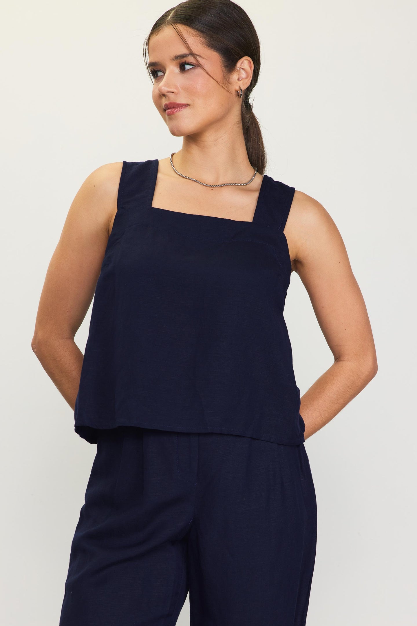 Linen Blend Square Neck Tank Top