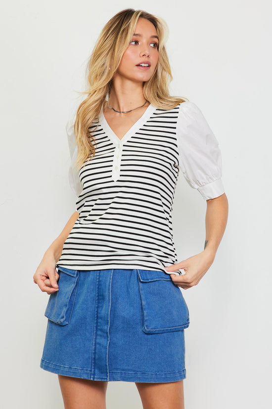 Mixed Media Striped Puff Sleeve Top