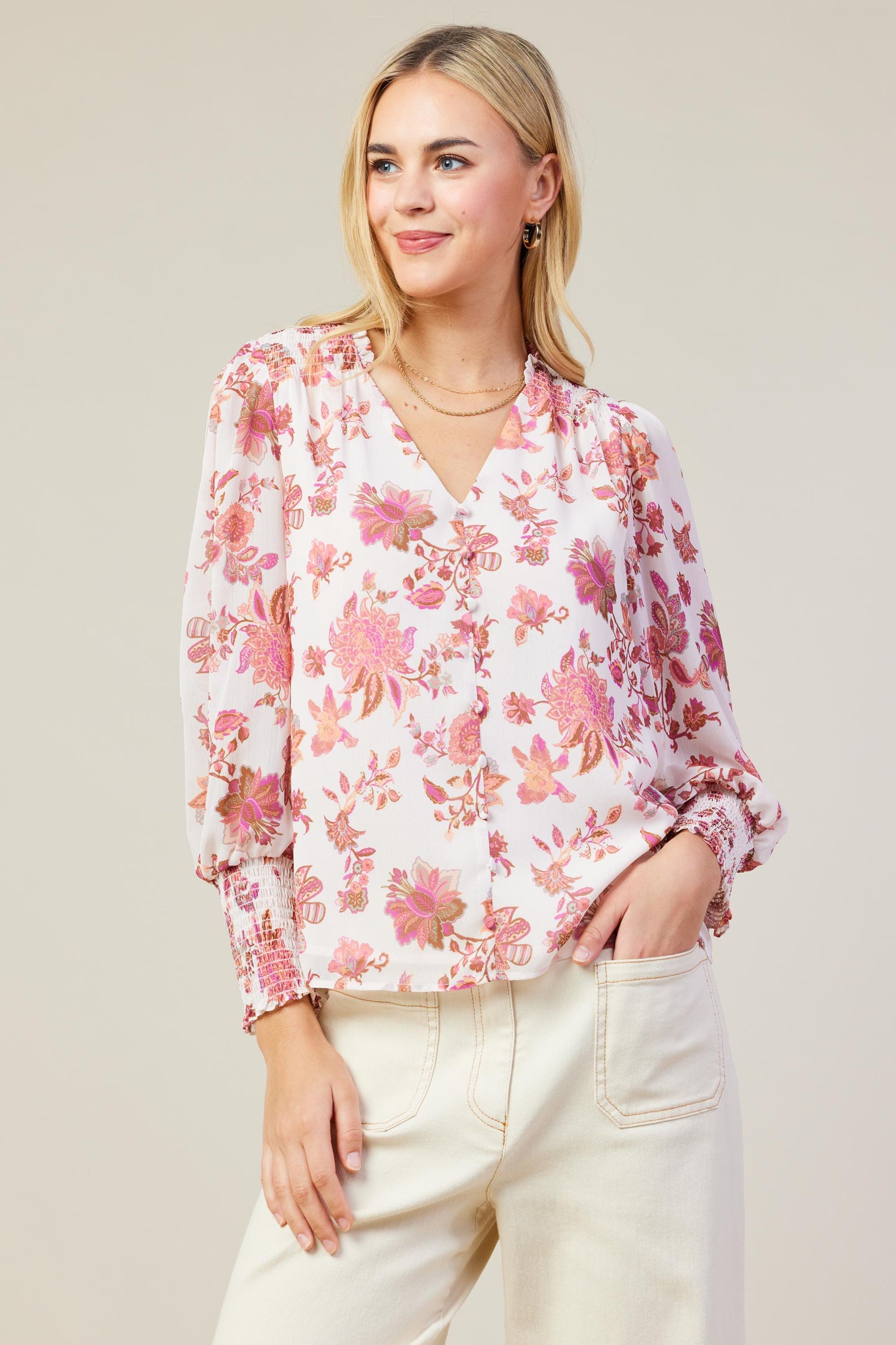 Ceres Floral Print Smocked Detail Top