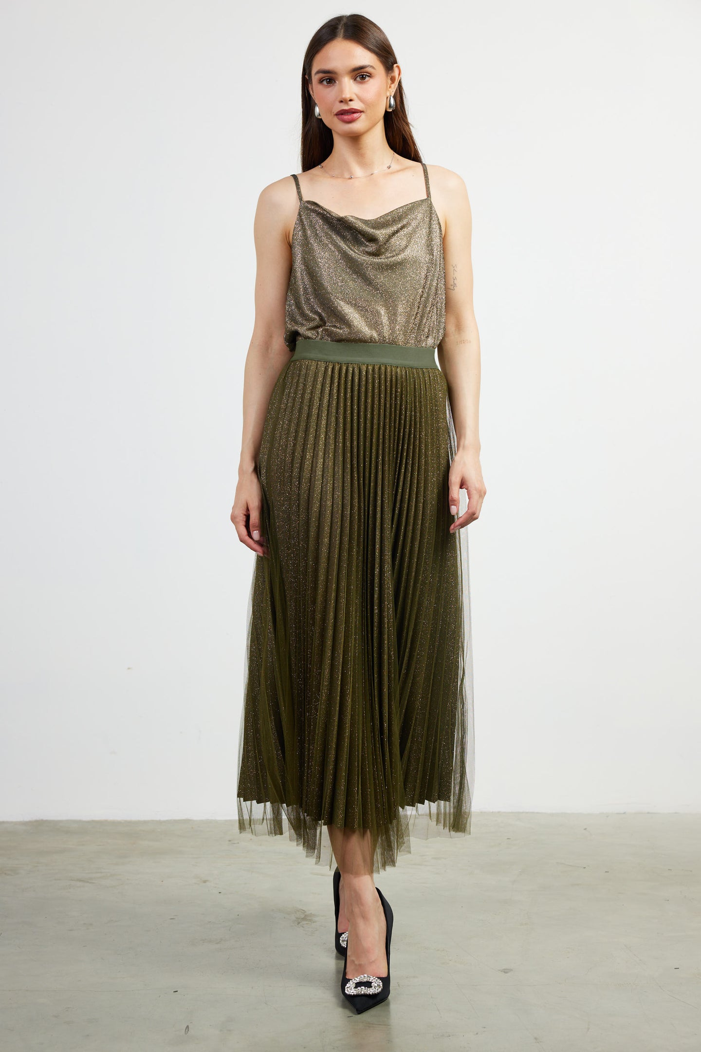 Shimmery Pleated Midi Skirt