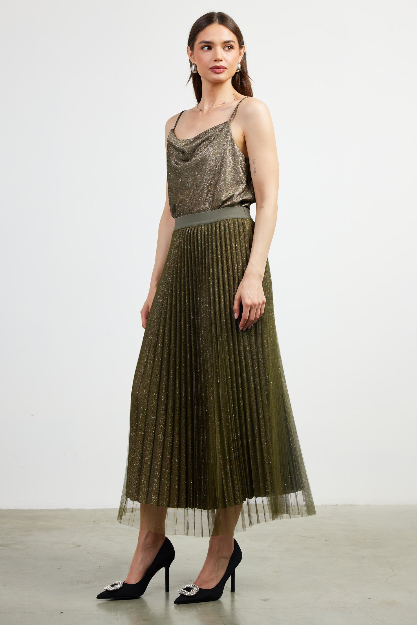 Shimmery Pleated Midi Skirt