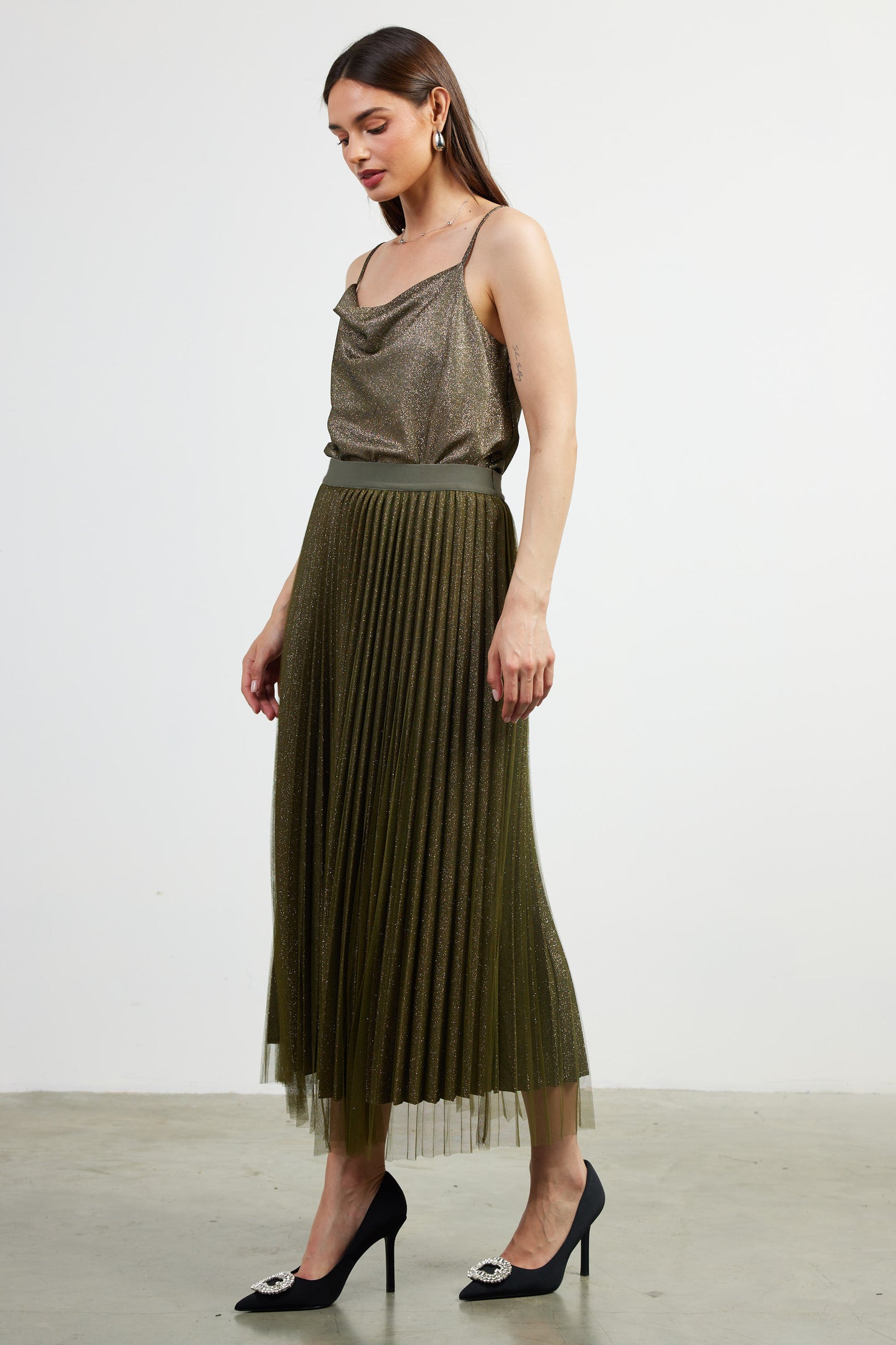 Shimmery Pleated Midi Skirt