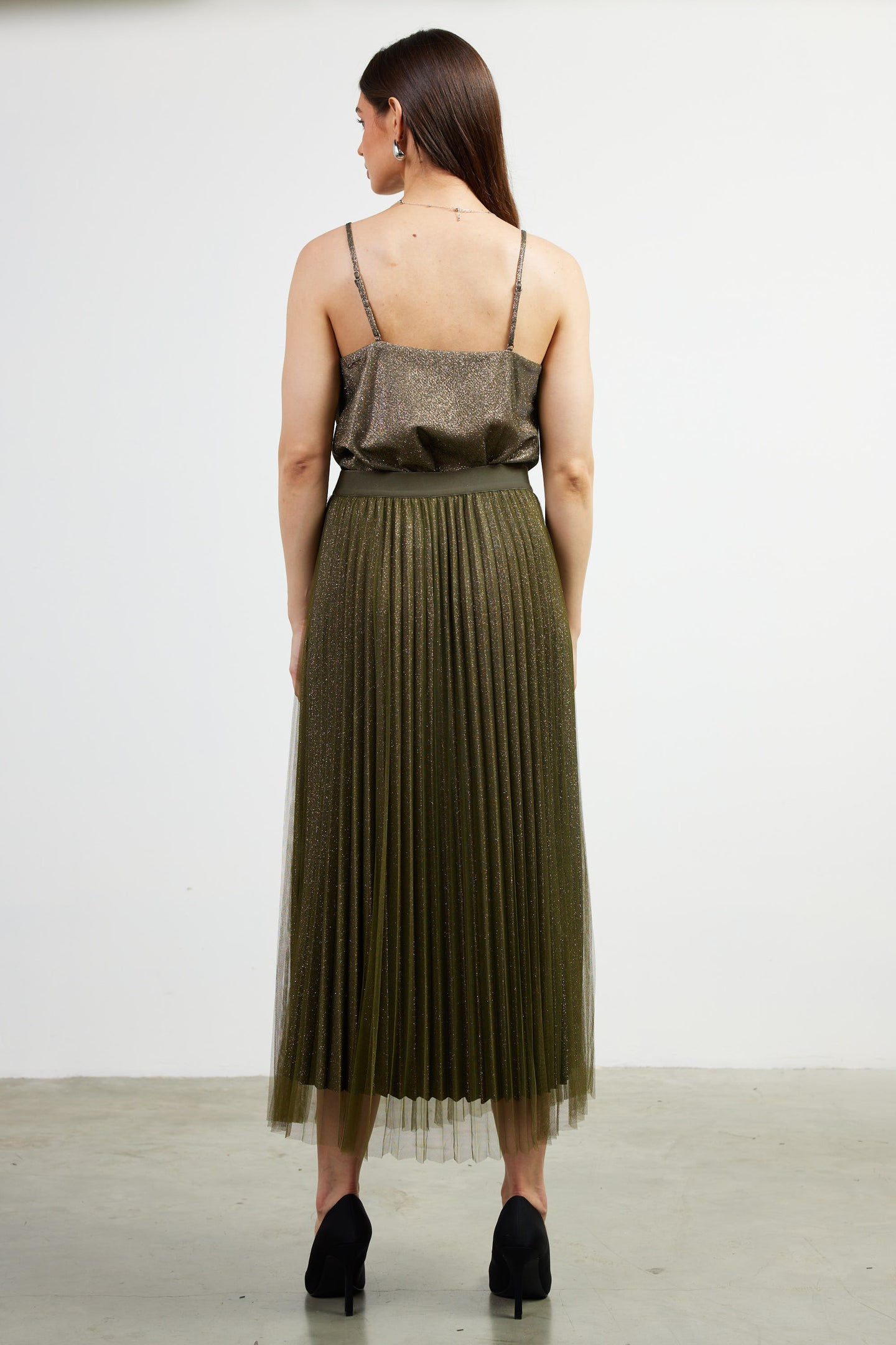 Shimmery Pleated Midi Skirt