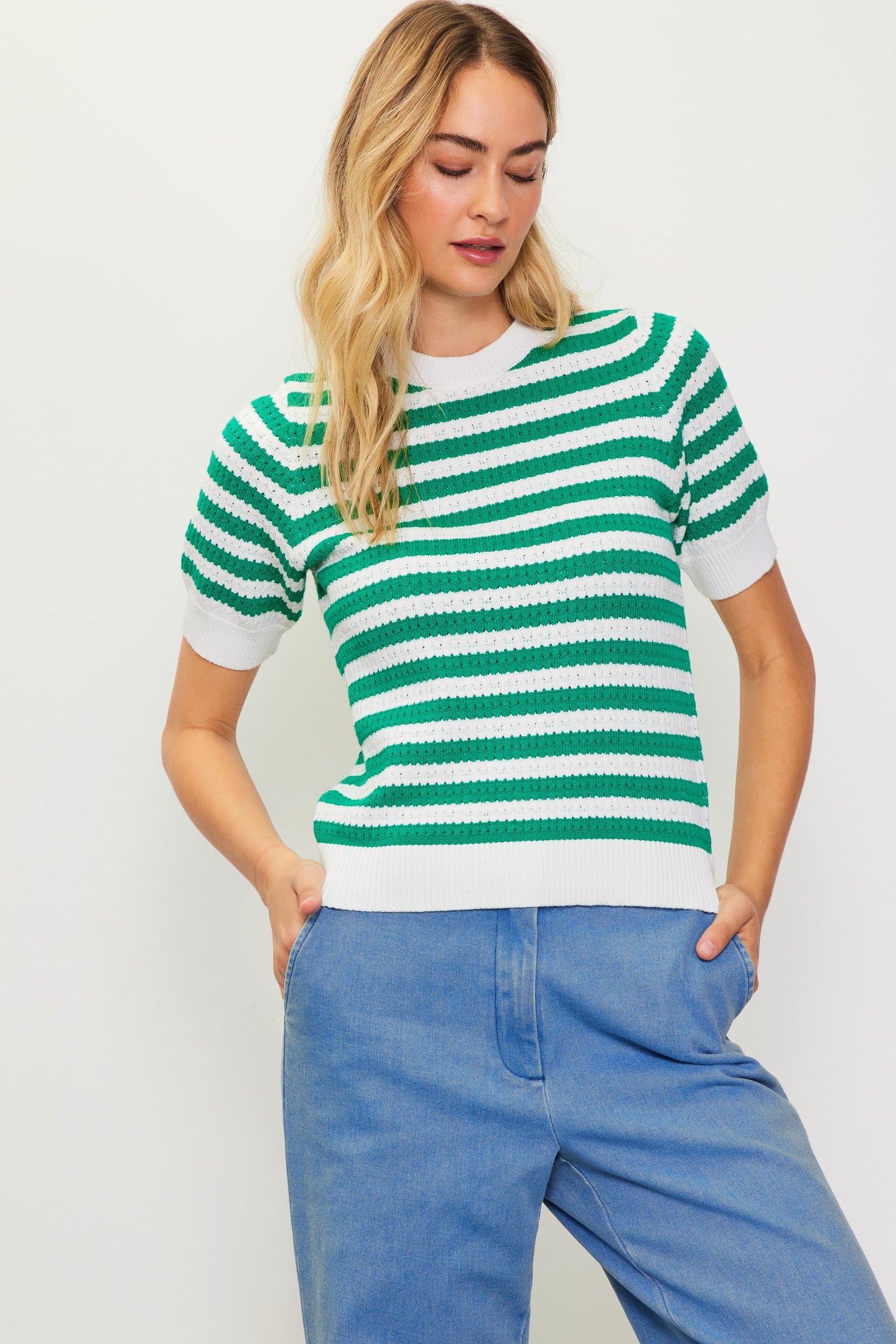 Short Sleeve Knit Stripe Sweater