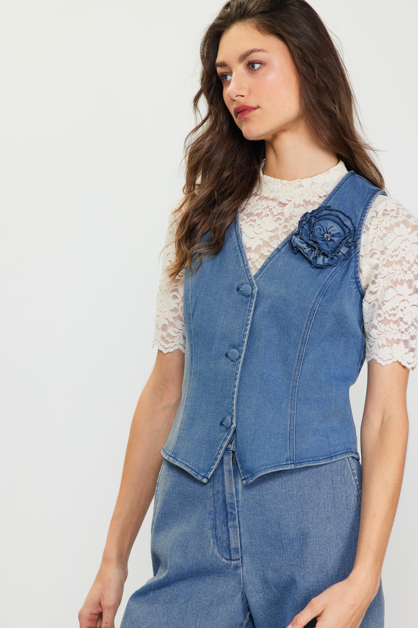 Denim Vest With Detachable Rosette