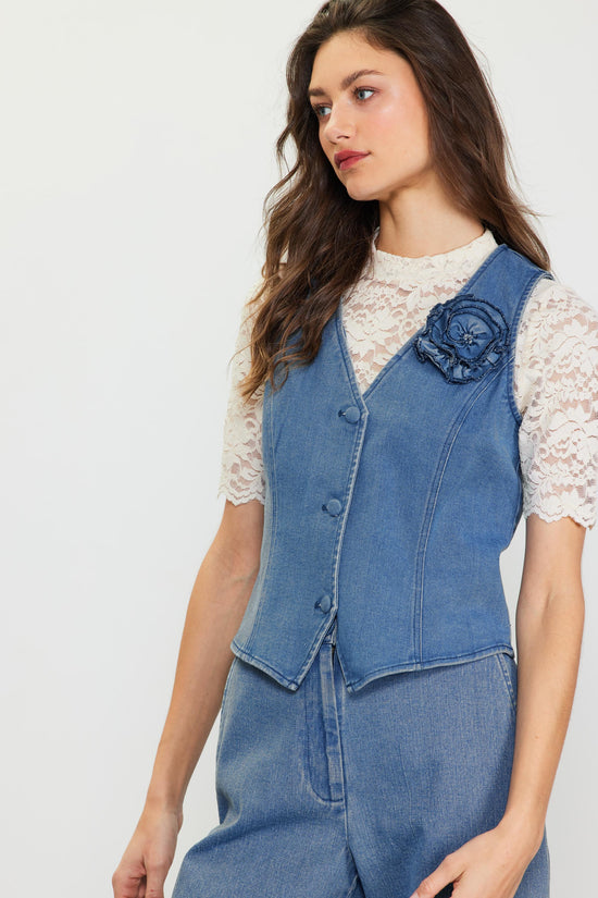 Denim Vest With Detachable Rosette