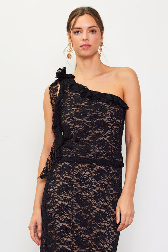 One Shoulder Ruffle Trim Lace Top