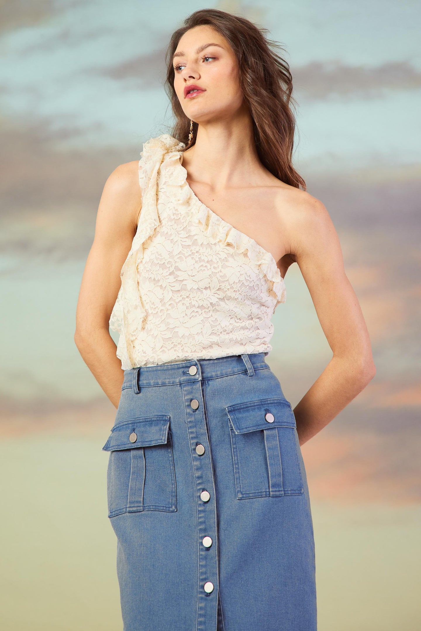 One Shoulder Ruffle Trim Lace Top