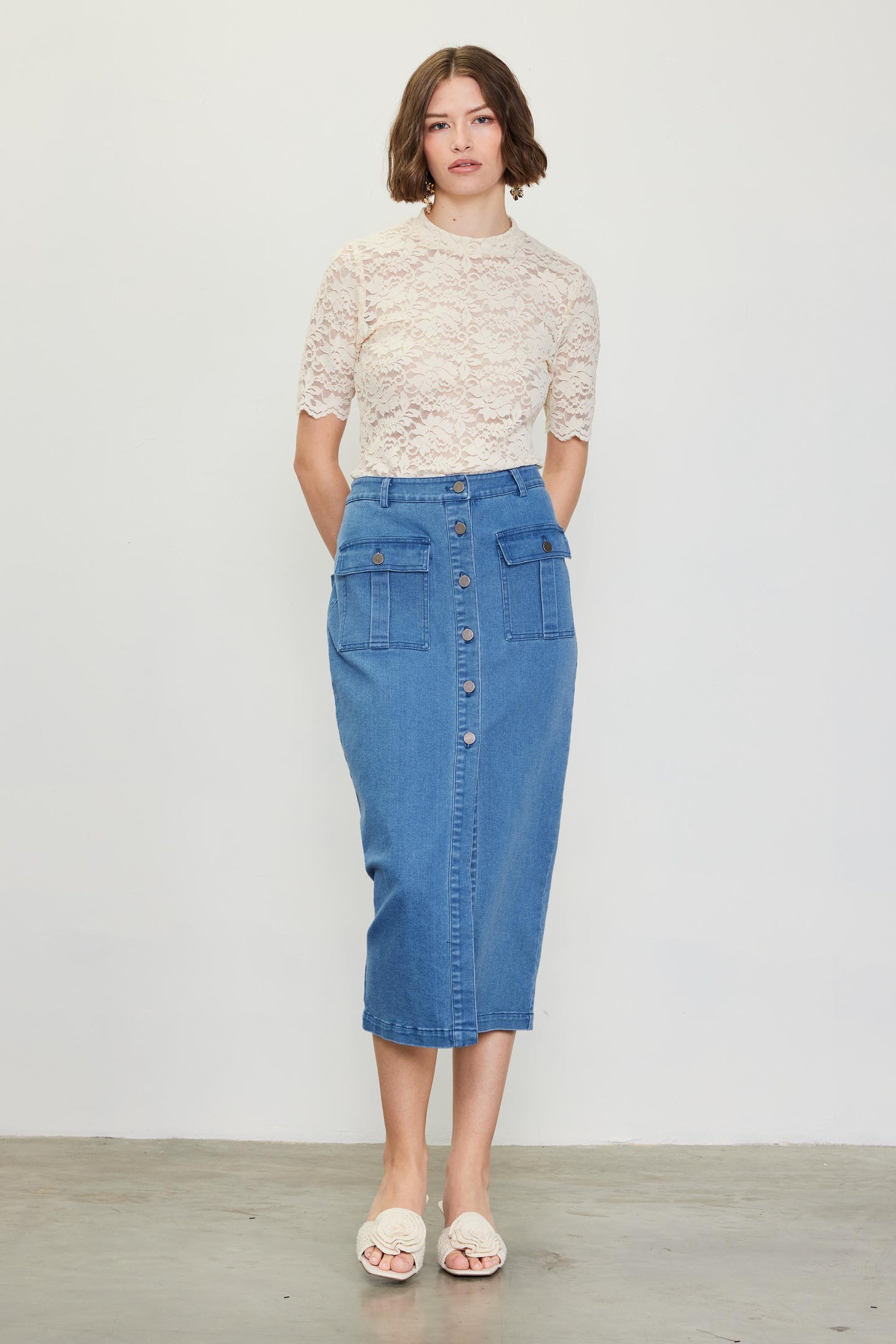 Denim Button Down Midi Skirt