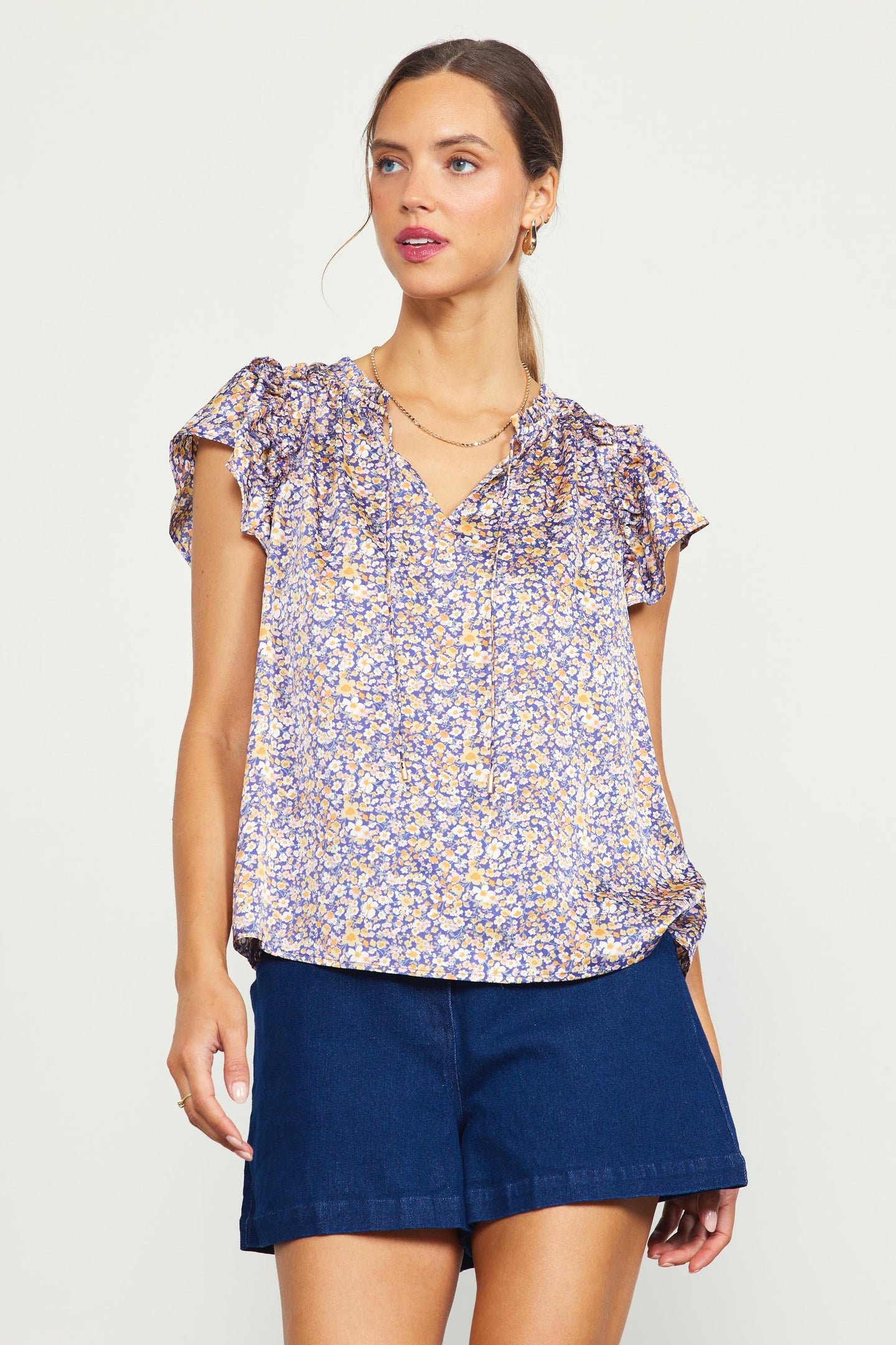 Indira Floral Print Split Neck Top