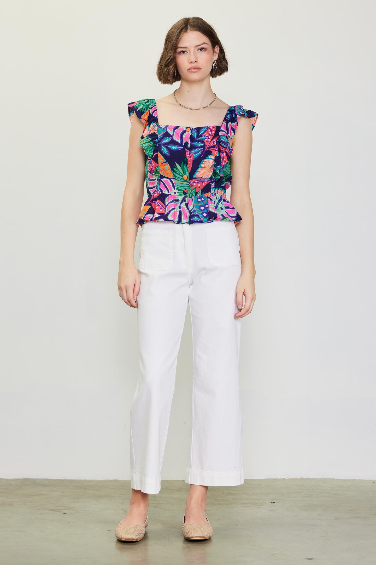 Ula Tropical Print Ruffled Sleeve Top